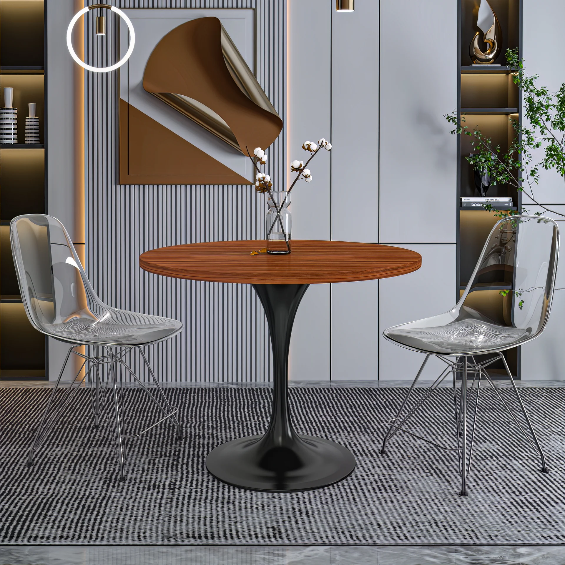 Verve Collection 36 Round Dining Table, Black Base with Cognac Brown MDF Top