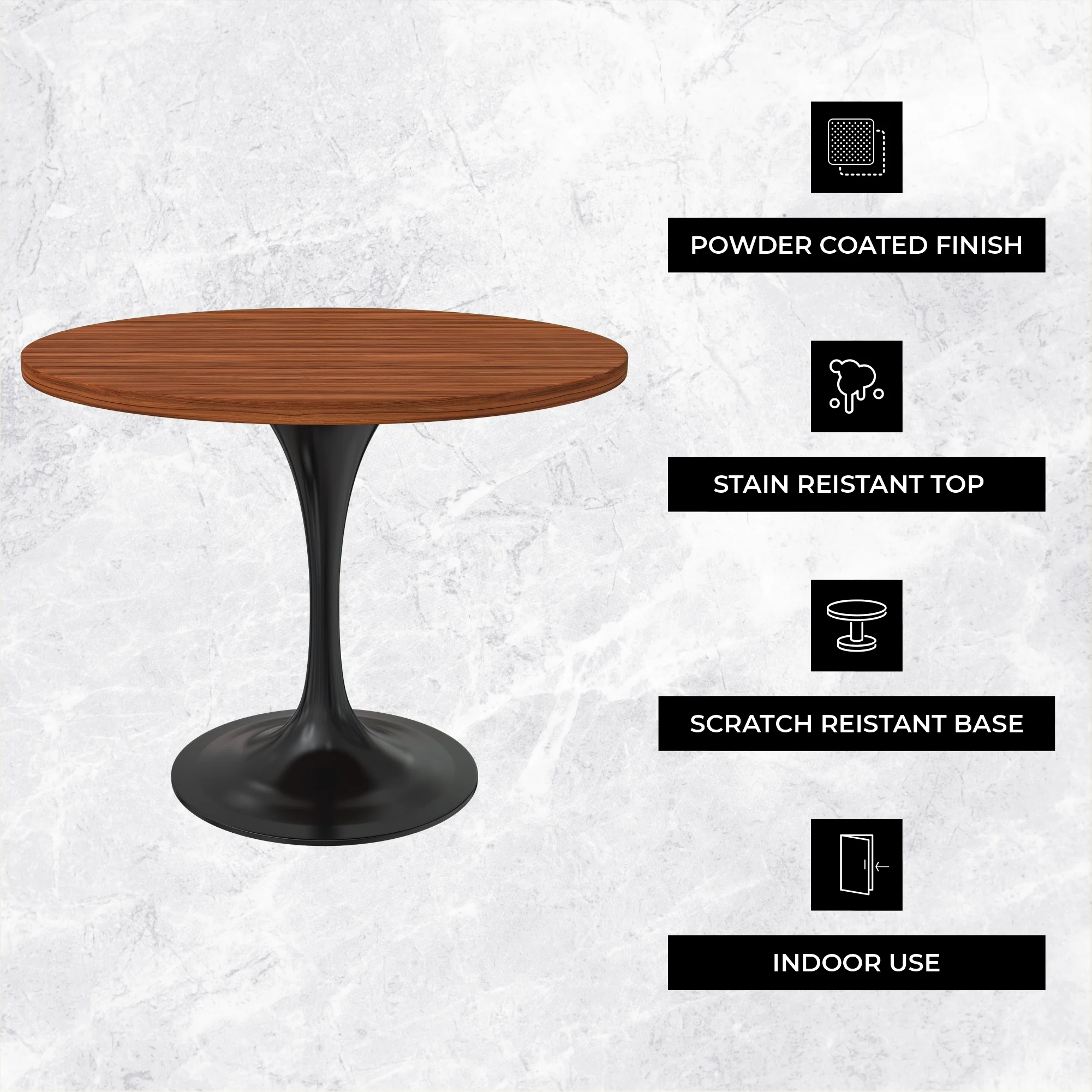 Verve Collection 36 Round Dining Table, Black Base with Cognac Brown MDF Top