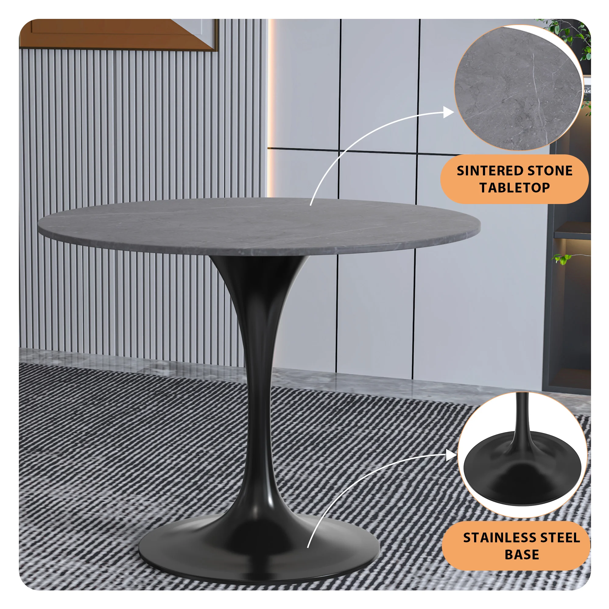 Verve Collection 36 Round Dining Table, Black Base with Sintered Stone Grey Top