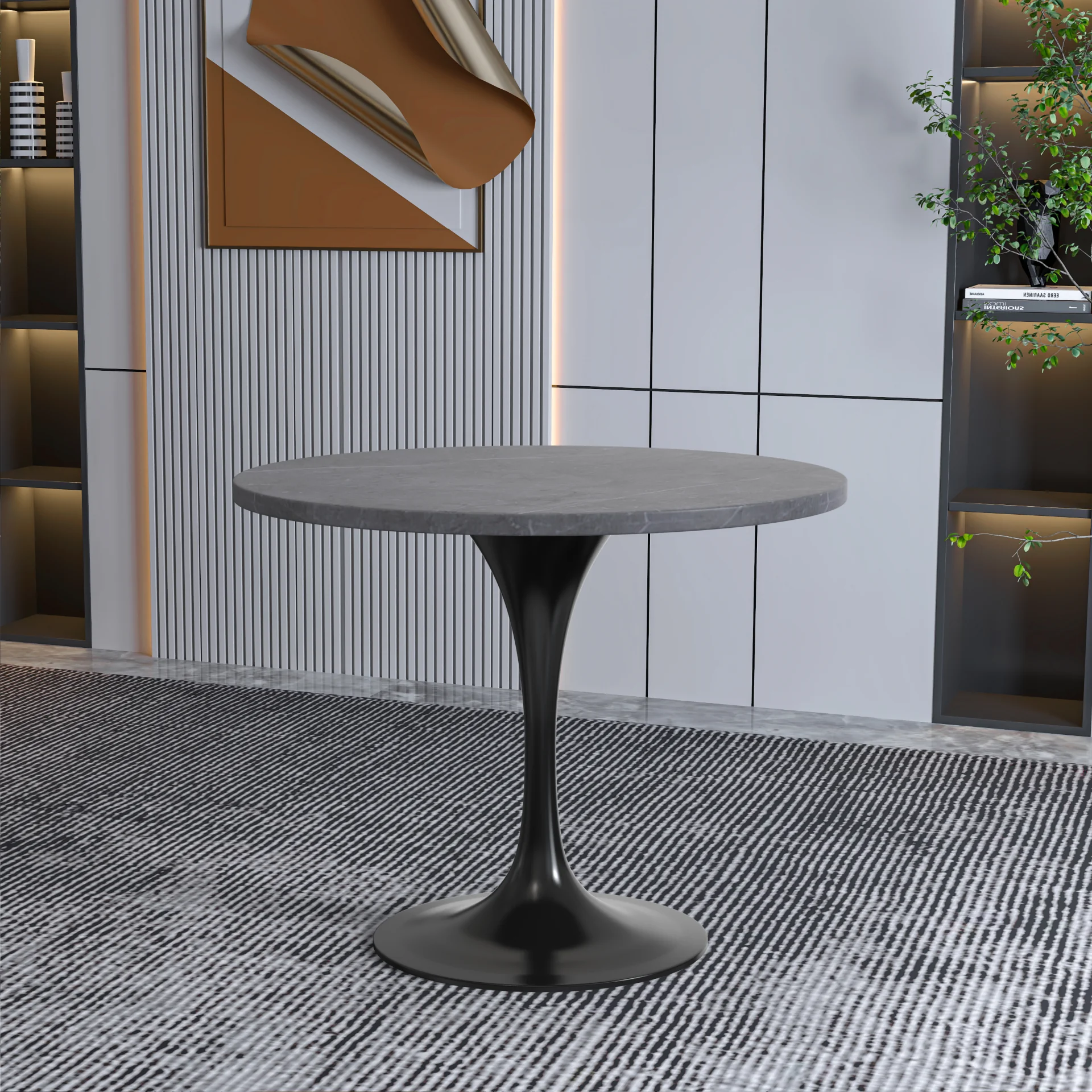 Verve Collection 36 Round Dining Table, Black Base with Sintered Stone Grey Top