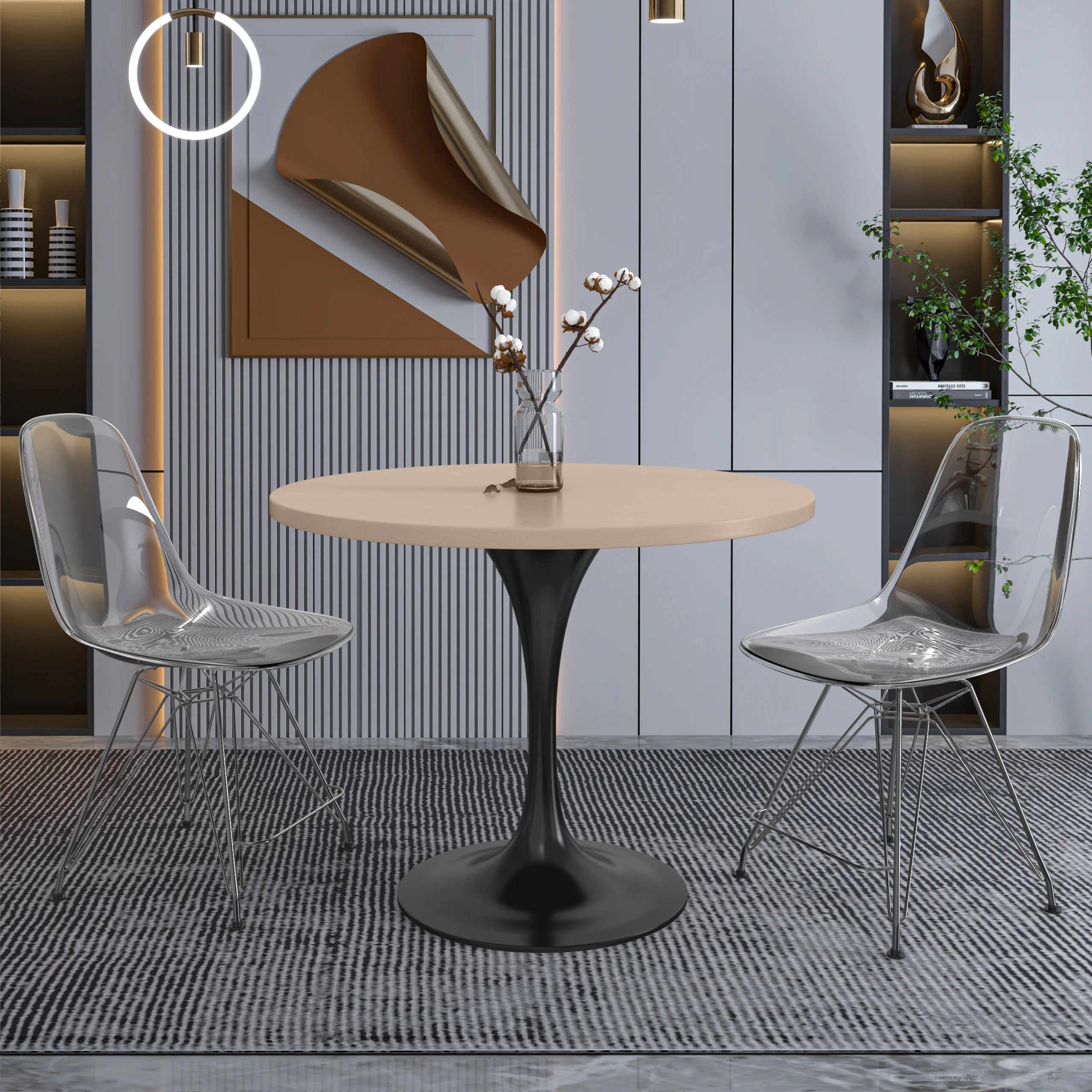 Verve Collection 36 Round Dining Table, Black Base with Light Natural Wood MDF Top