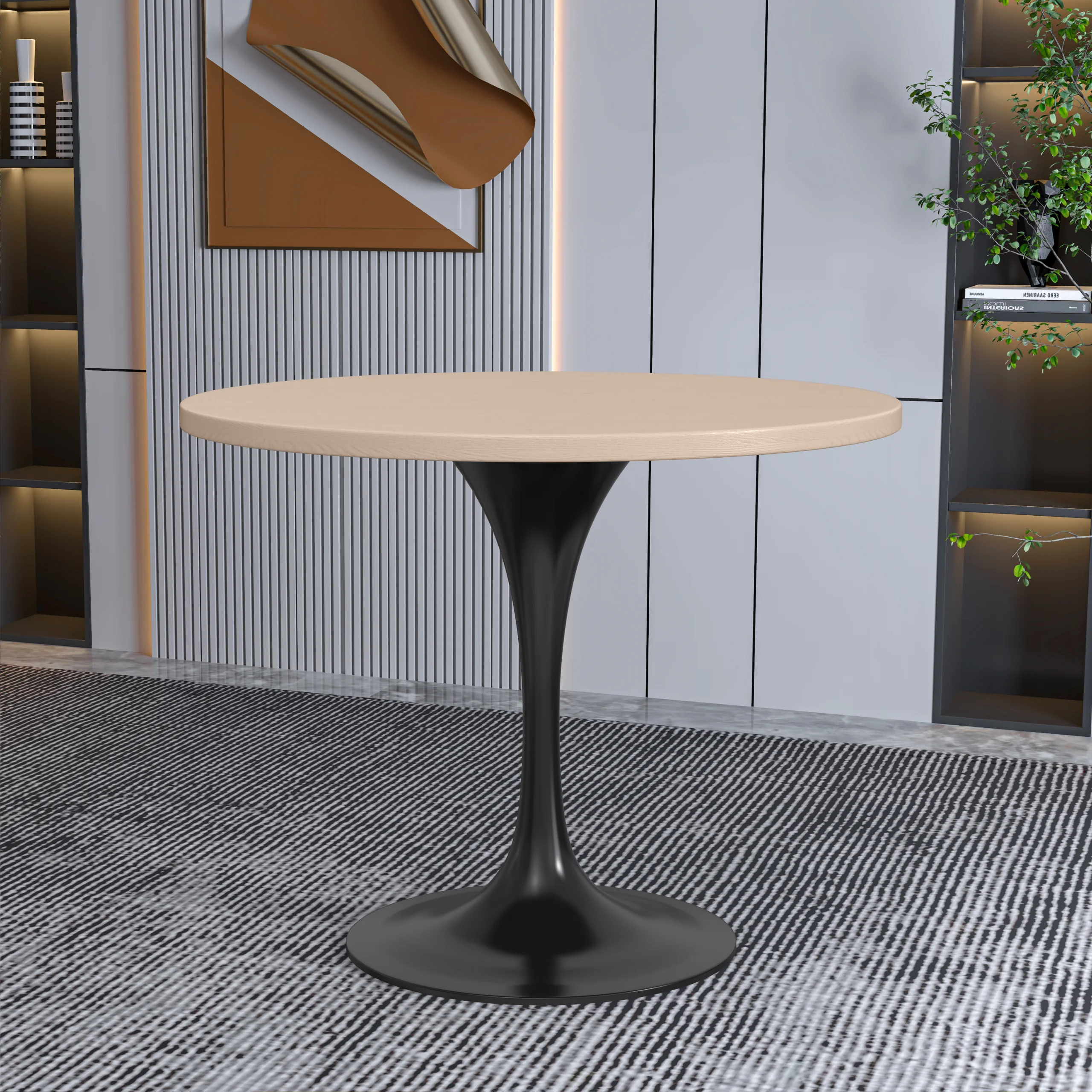 Verve Collection 36 Round Dining Table, Black Base with Light Natural Wood MDF Top