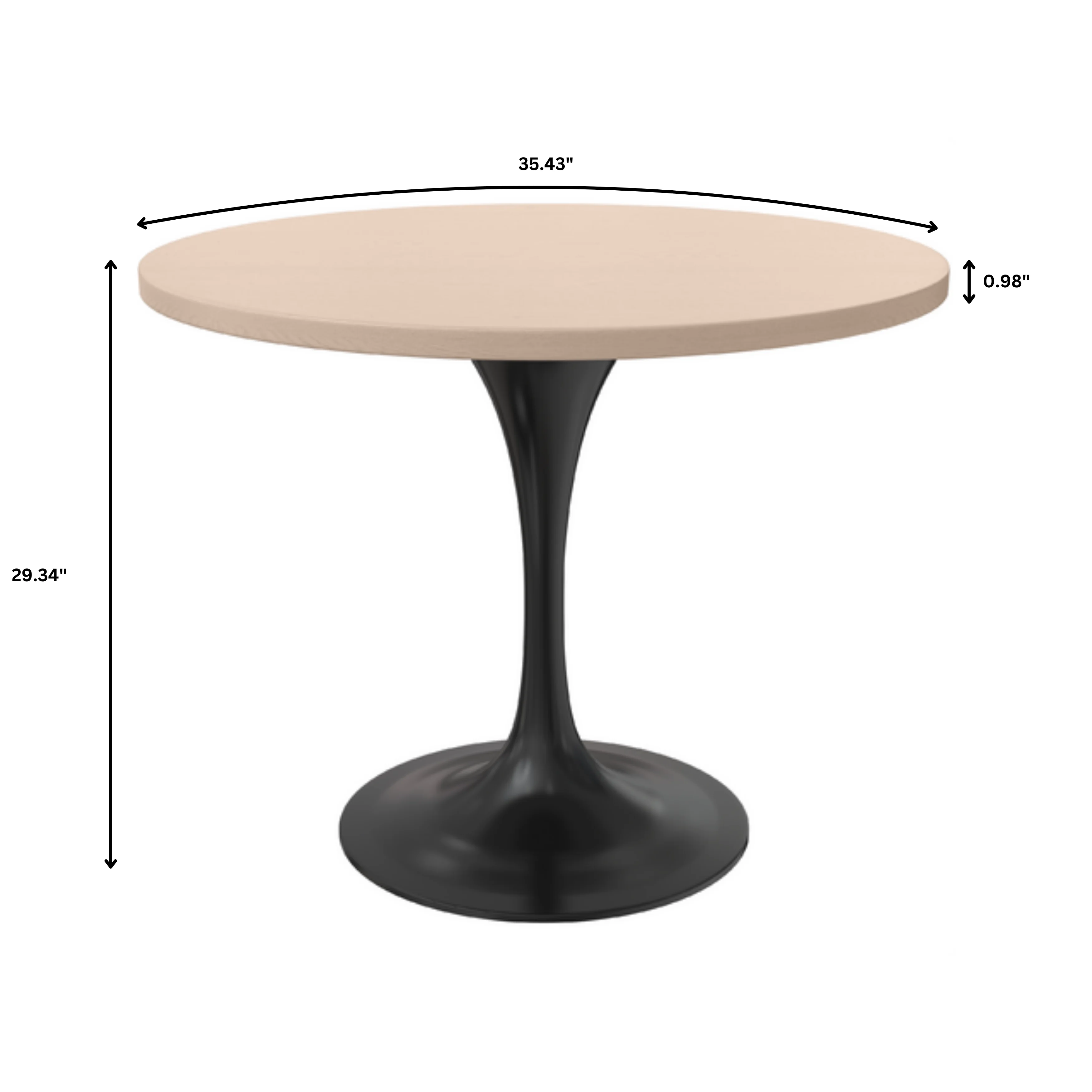 Verve Collection 36 Round Dining Table, Black Base with Light Natural Wood MDF Top