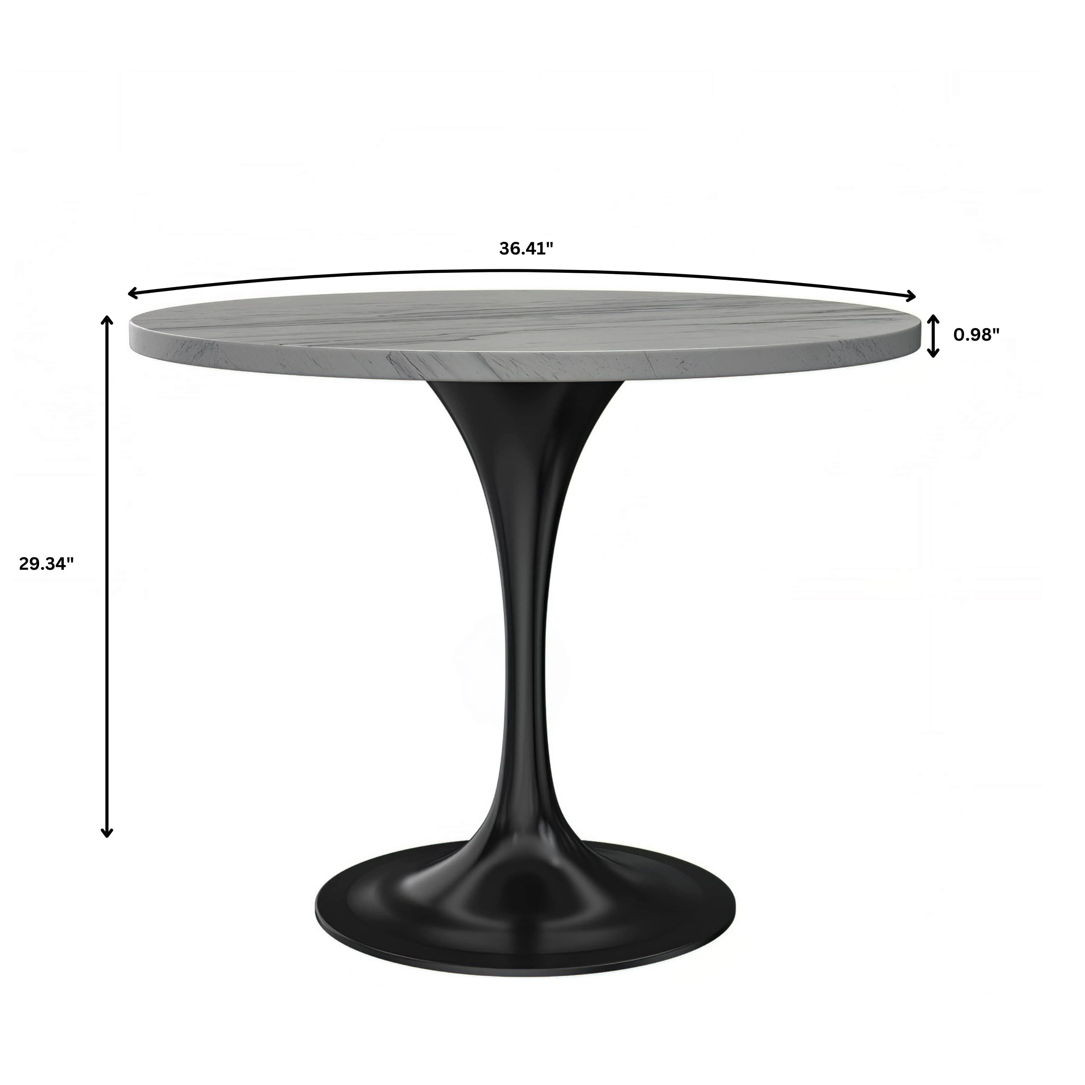 Verve Collection 36" Round Dining Table, Black Base with Laminated White Marbleized Top