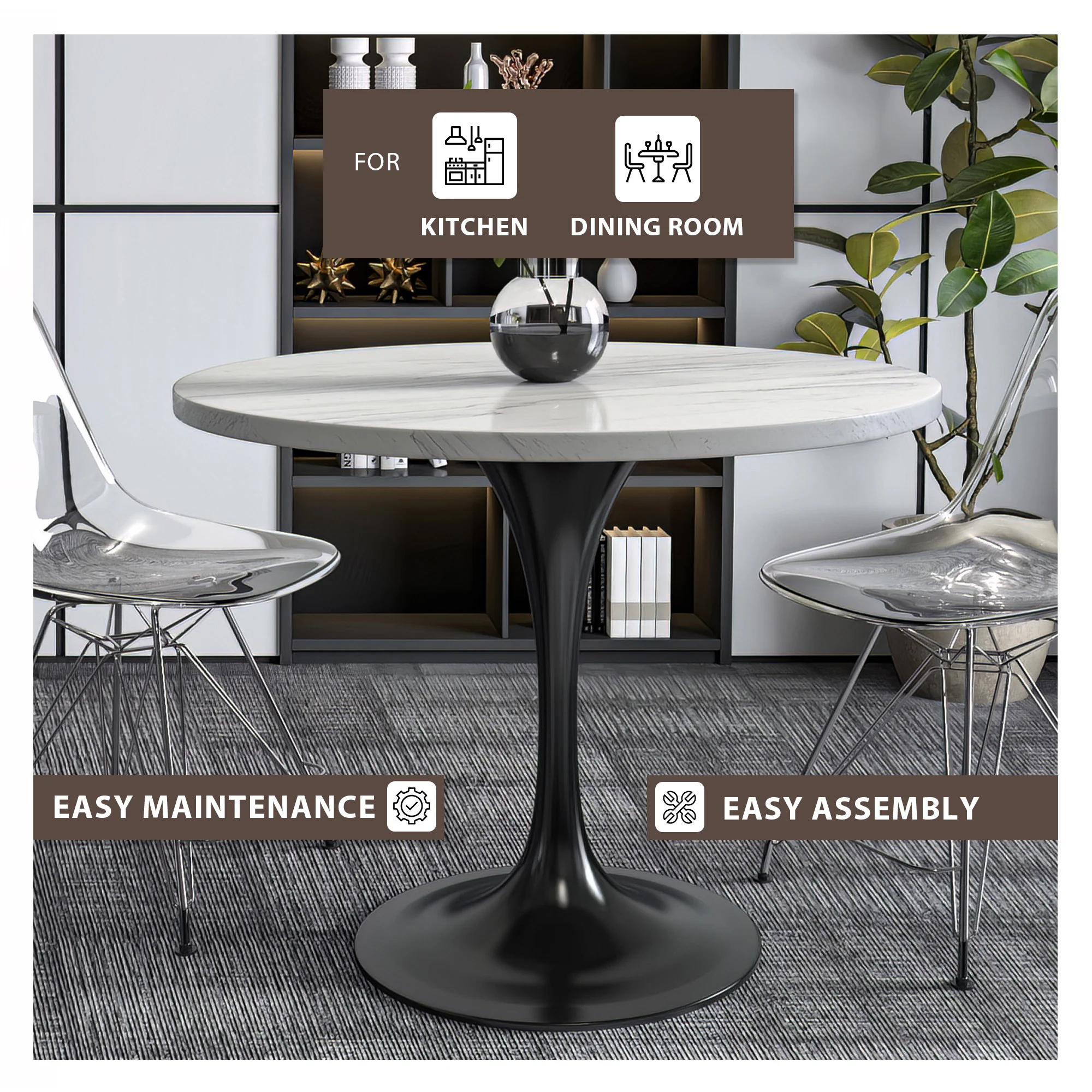 Verve Collection 36" Round Dining Table, Black Base with Laminated White Marbleized Top