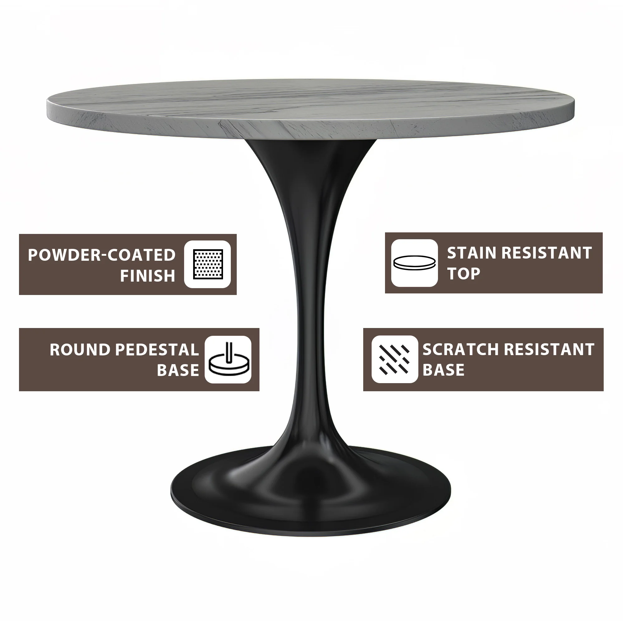 Verve Collection 36" Round Dining Table, Black Base with Laminated White Marbleized Top