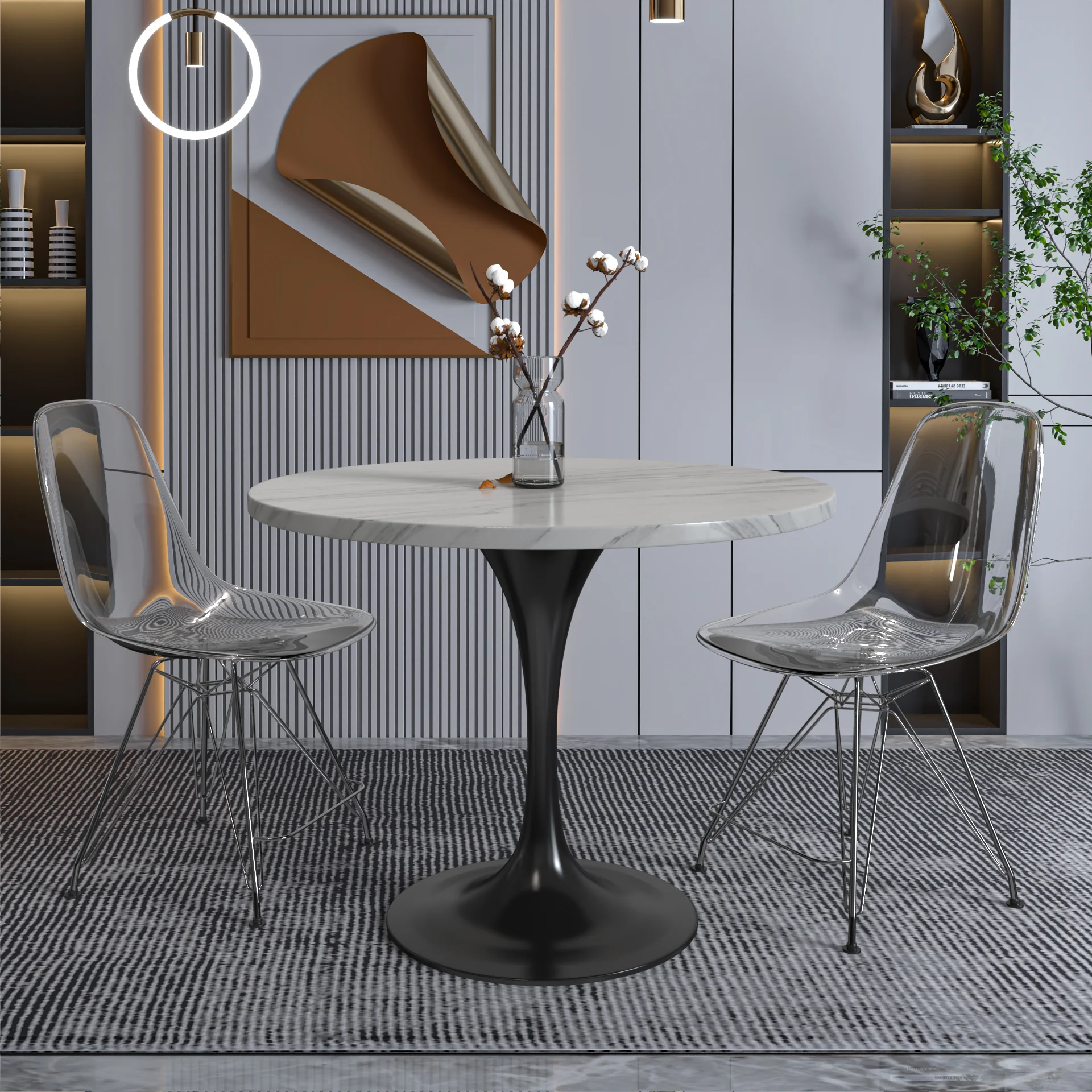 Verve Collection 36 Round Dining Table, Black Base with Sintered Stone White Top