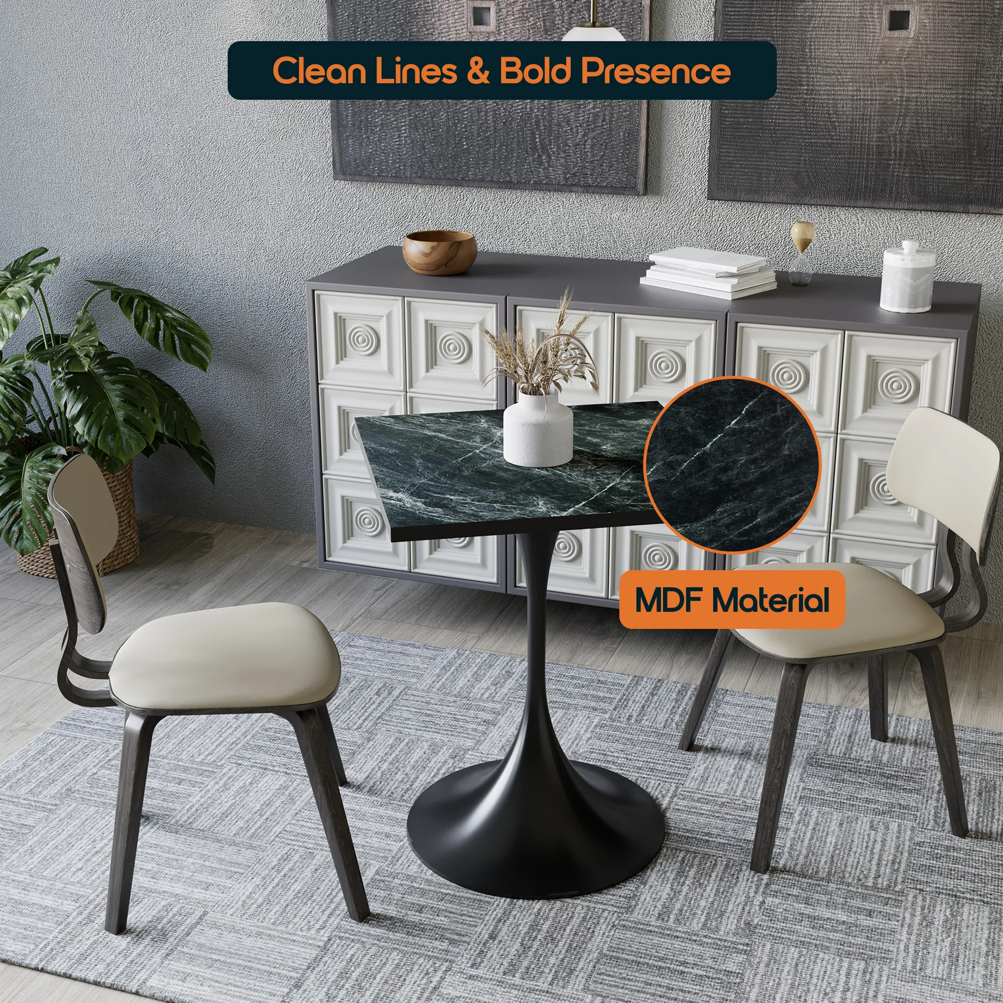 Verve Collection 24 Square Dining Table, Black Base with Black MDF Top