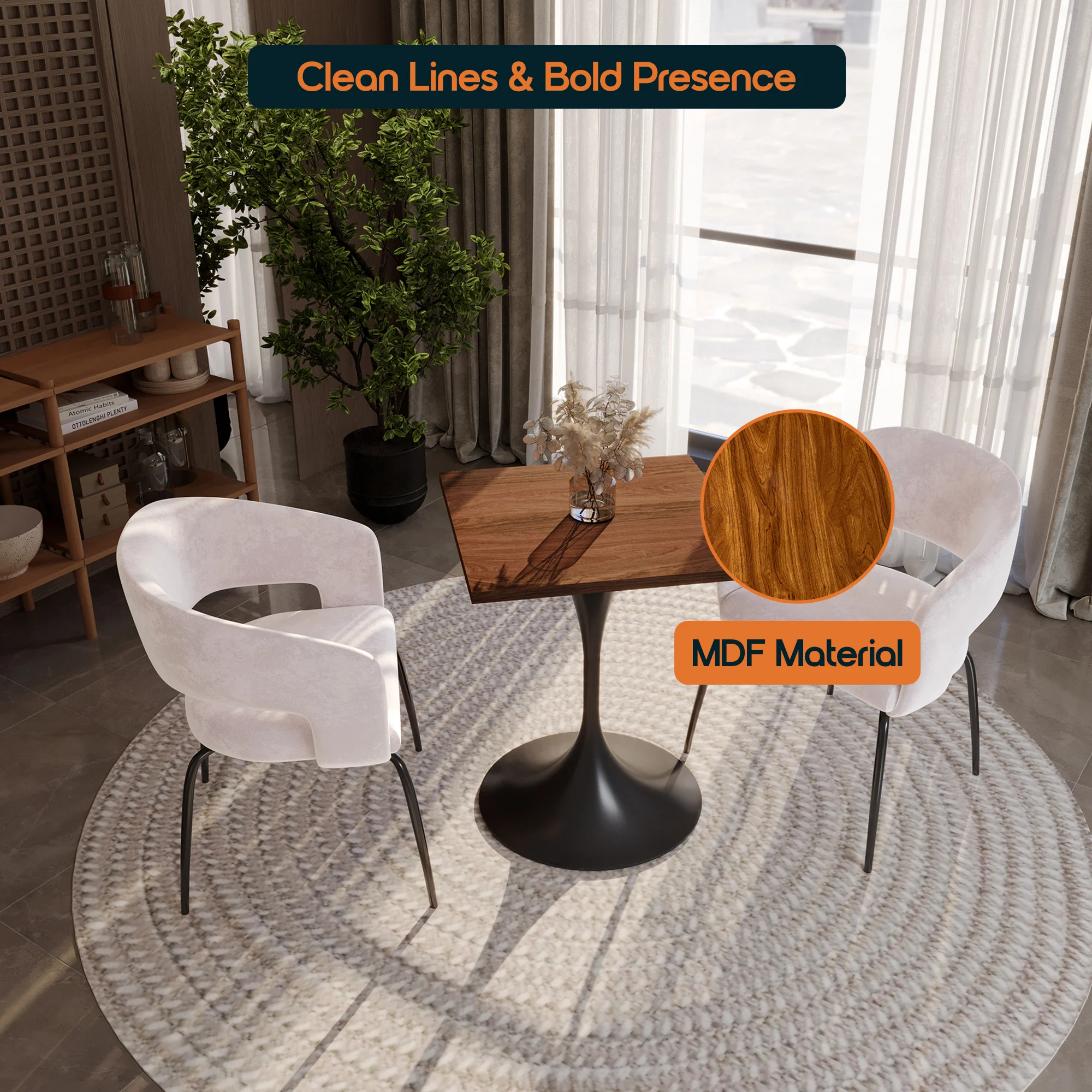 Verve Collection 24 Square Dining Table, Black Base with Cognac Brown MDF Top