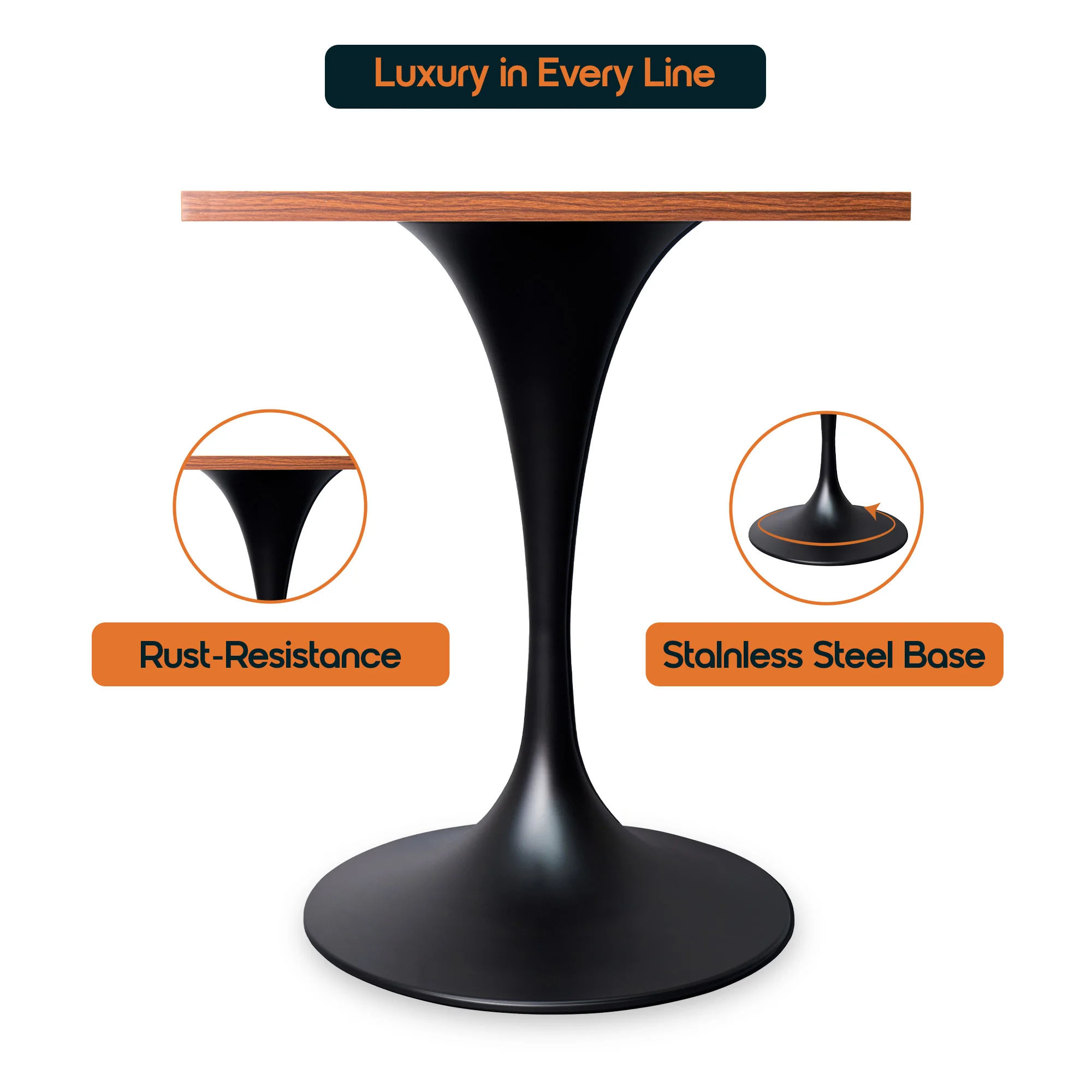 Verve Collection 24 Square Dining Table, Black Base with Cognac Brown MDF Top