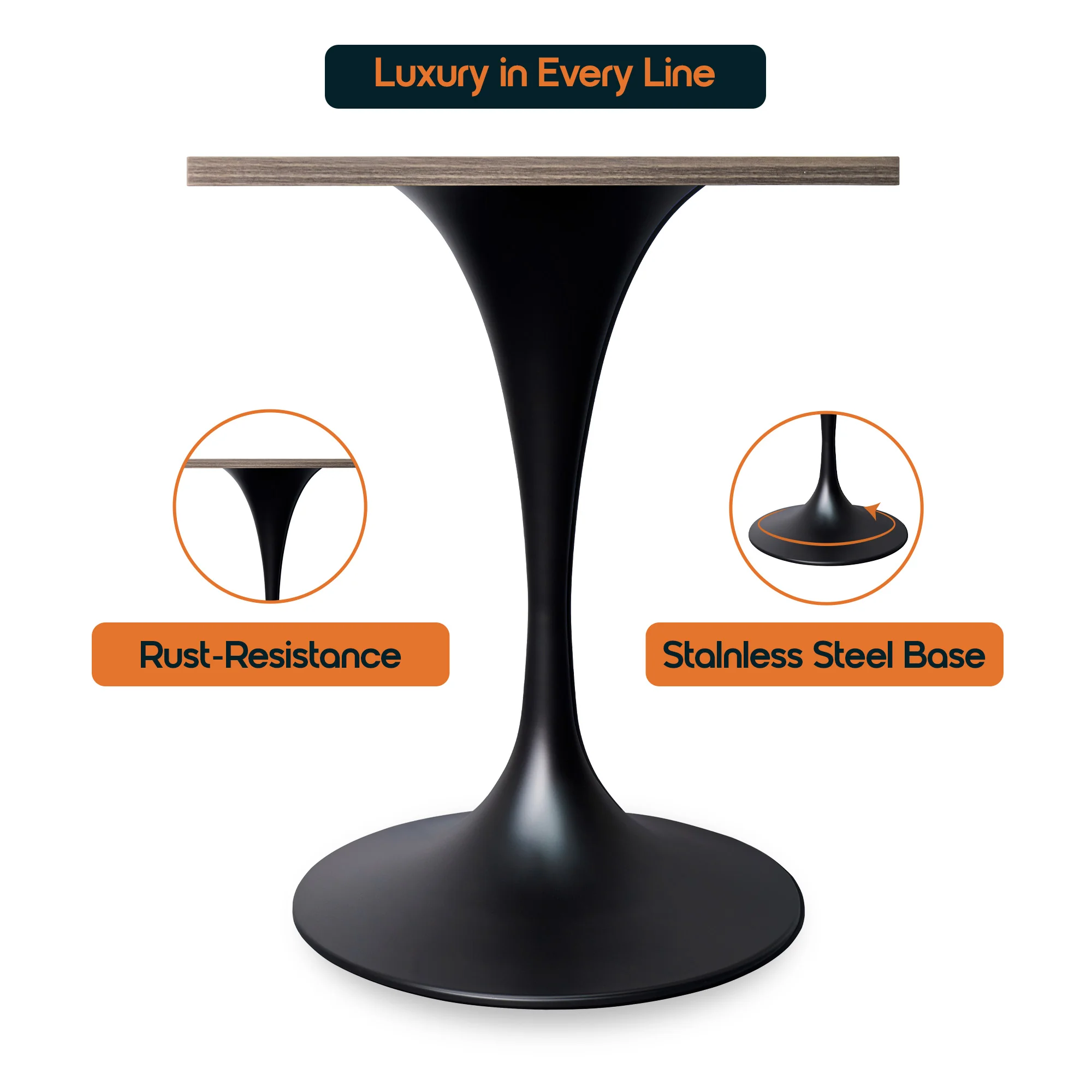 Verve Collection 24 Square Dining Table, Black Base with Dark Maple MDF Top