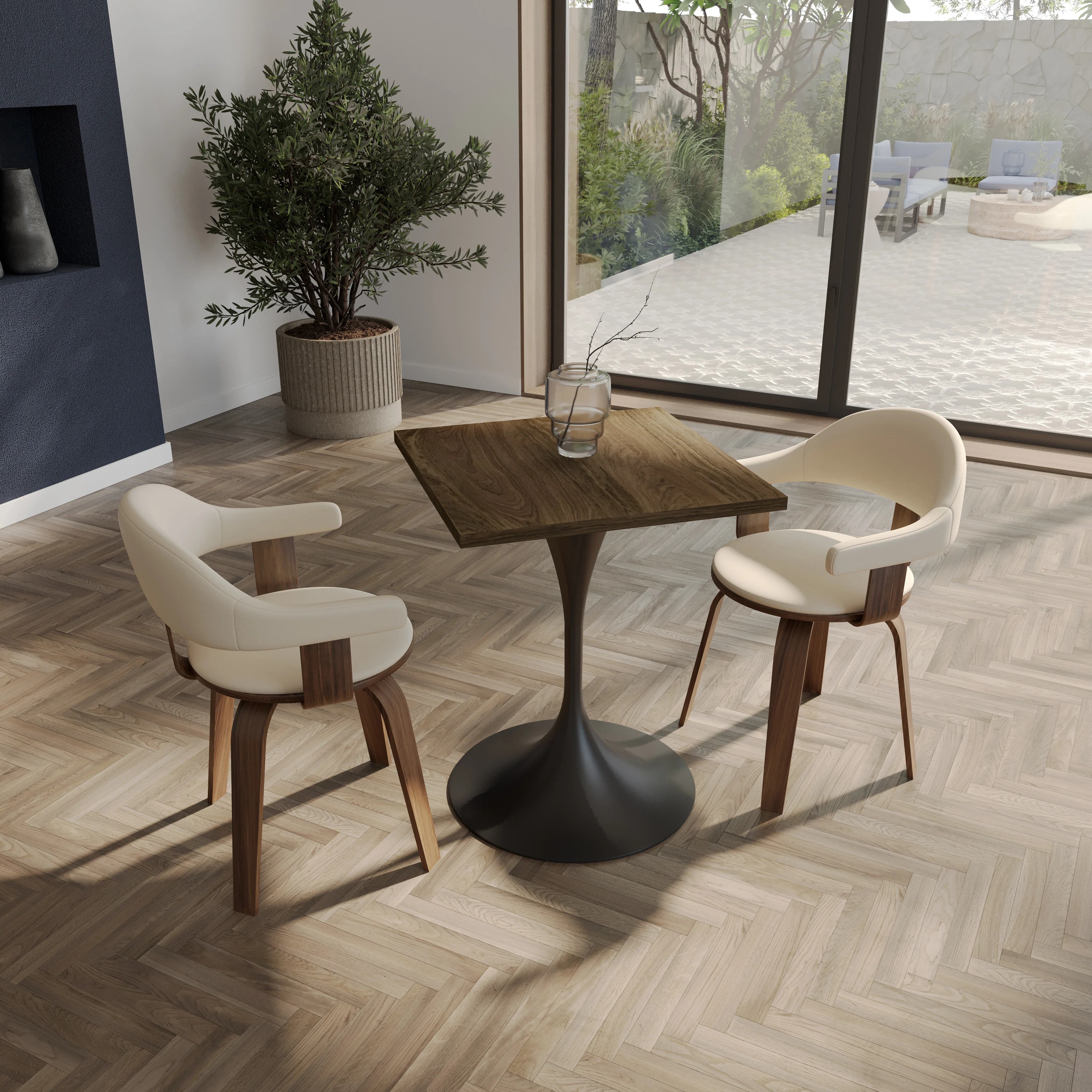 Verve Collection 24 Square Dining Table, Black Base with Dark Maple MDF Top