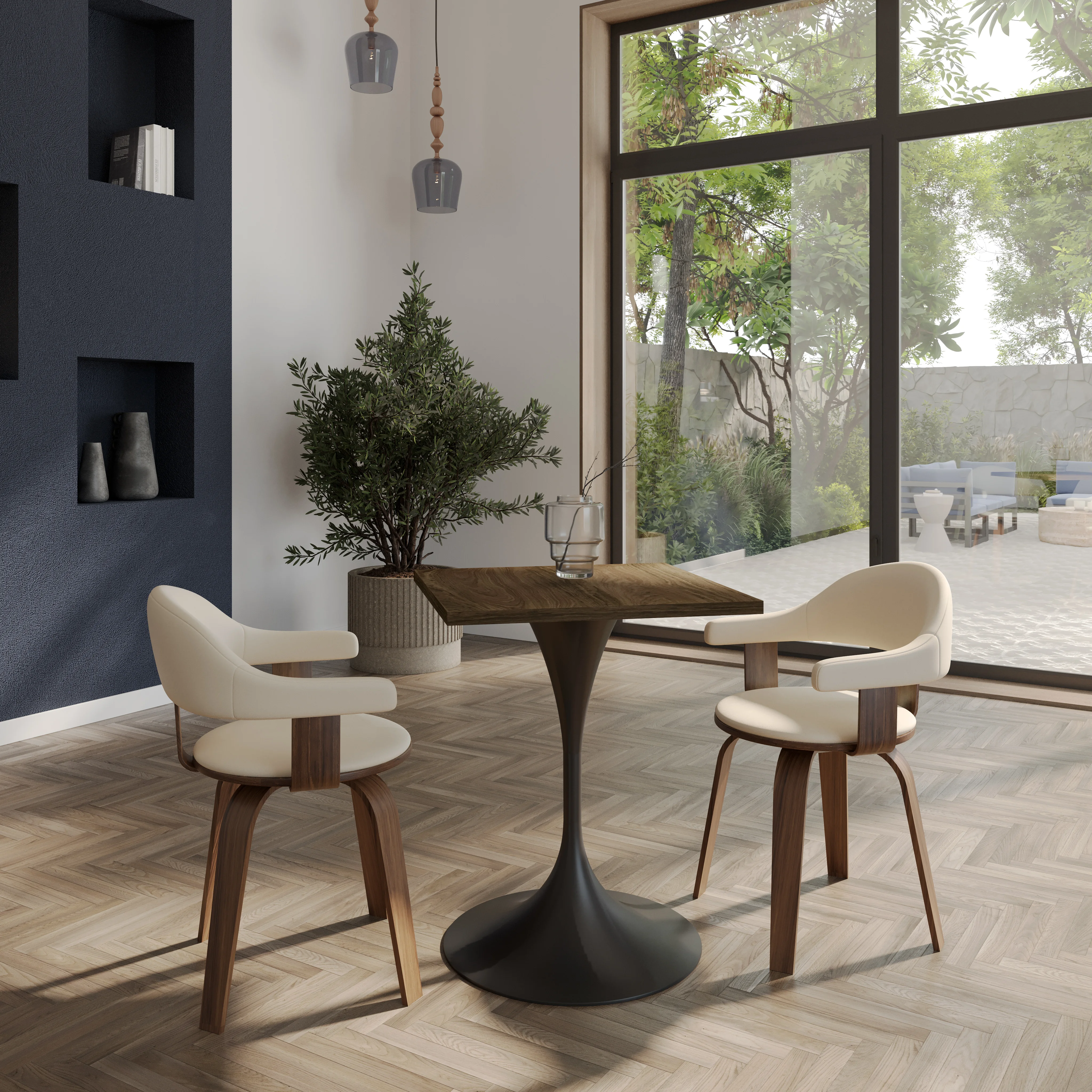 Verve Collection 24 Square Dining Table, Black Base with Dark Maple MDF Top