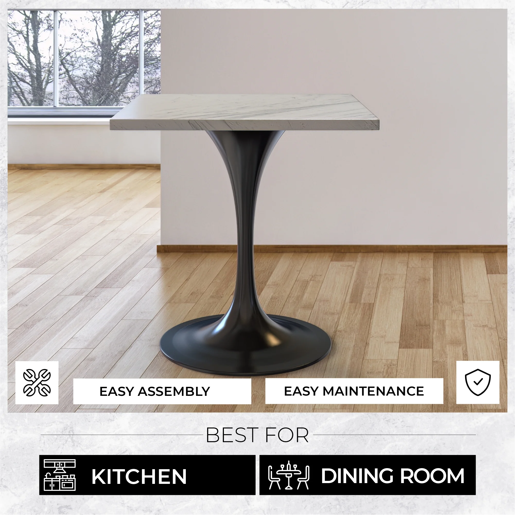 Verve Collection 27 Square Dining Table, Black Base with Laminated White Marbleized Top