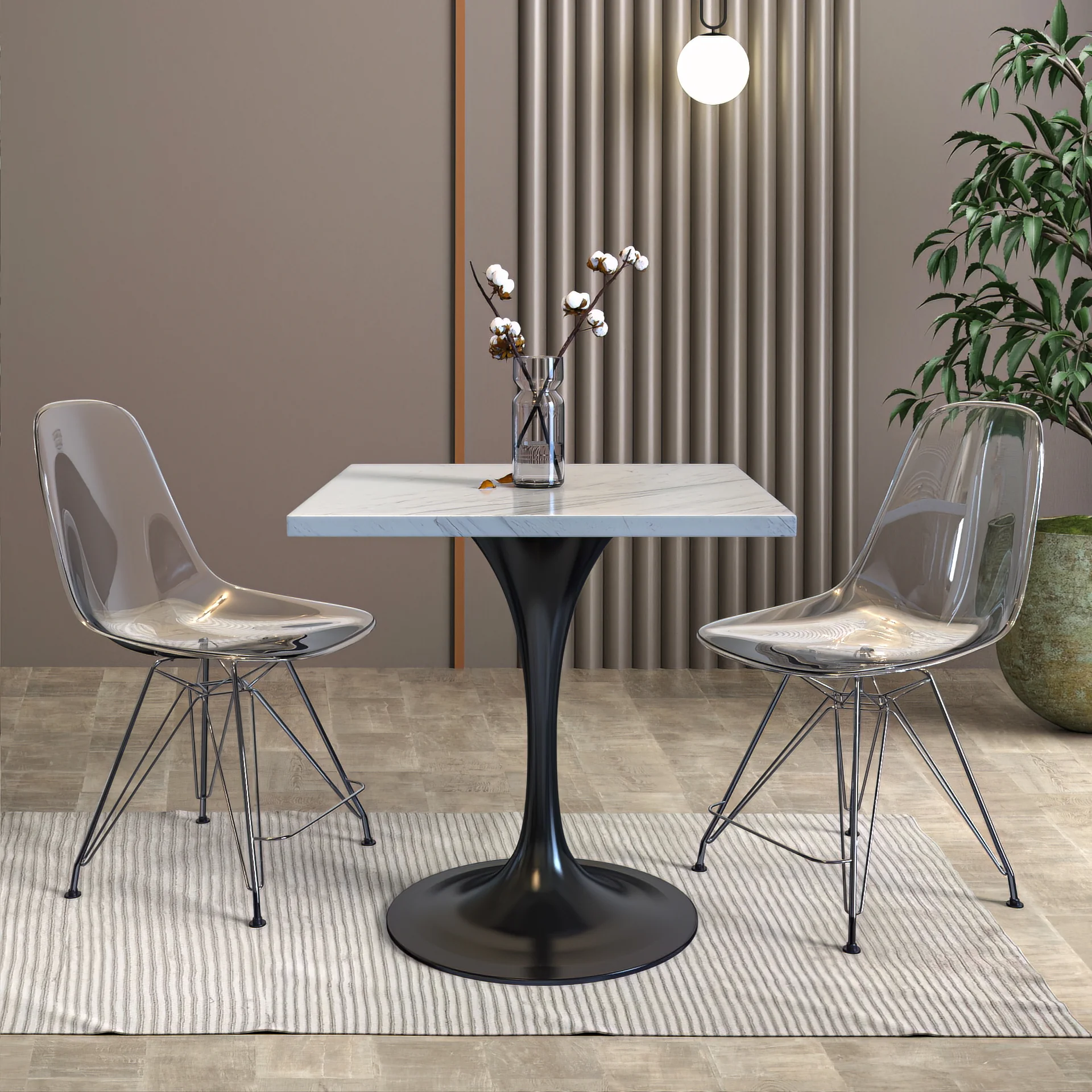 Verve Collection 27 Square Dining Table, Black Base with Laminated White Marbleized Top