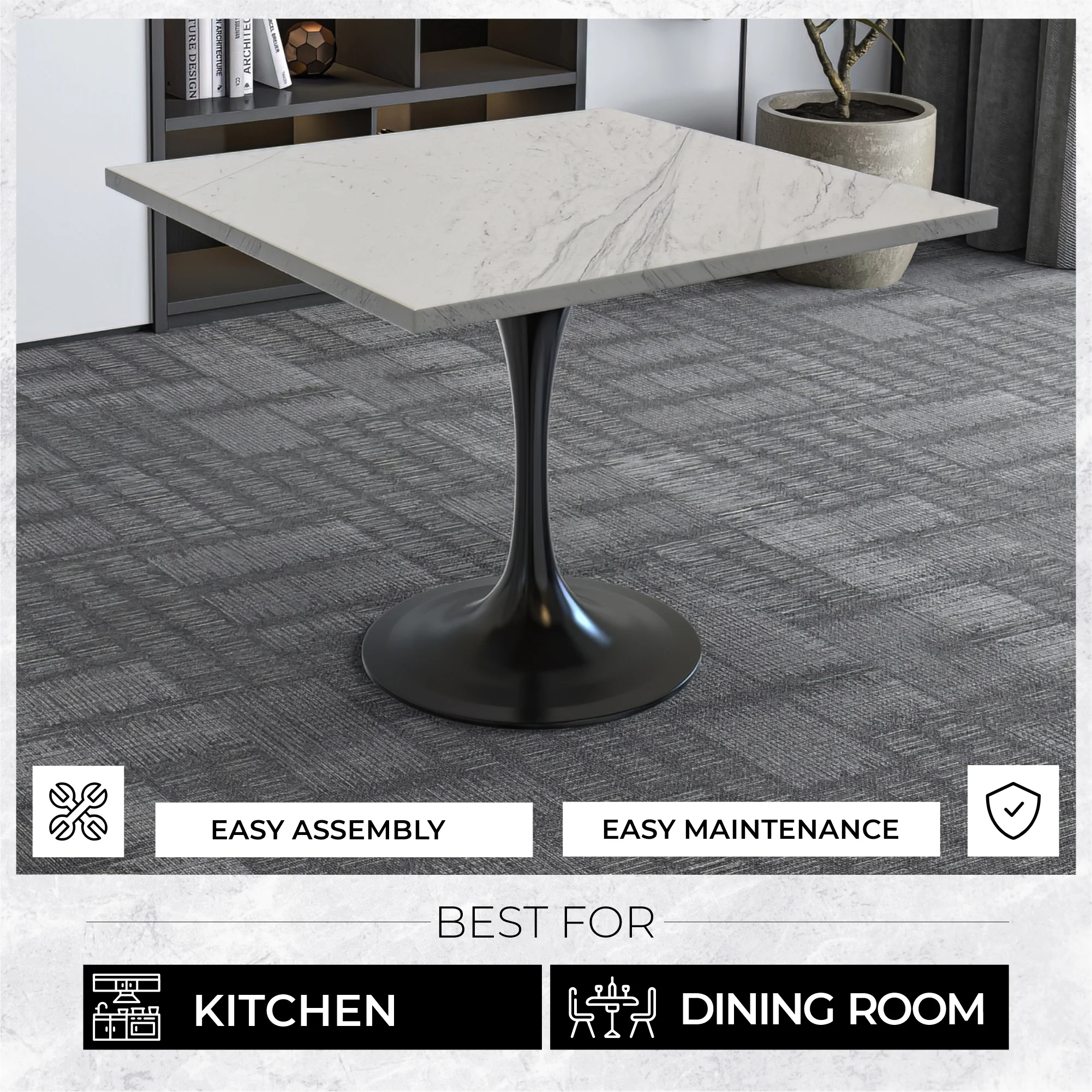 Verve Collection 36 Square Dining Table, Black Base with Laminated White Marbleized Top