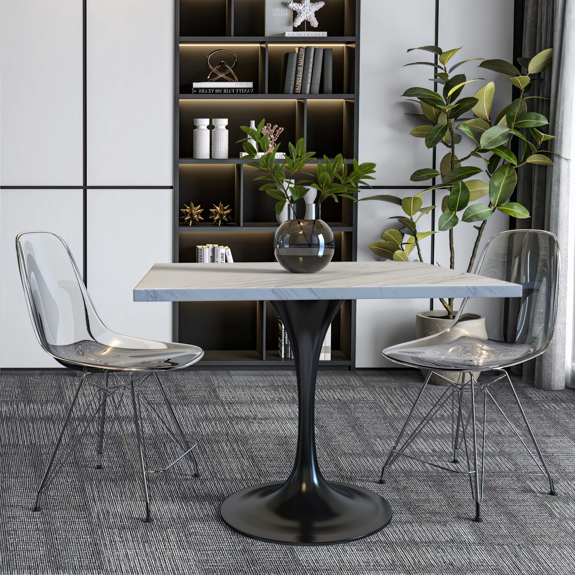 Verve Collection 36 Square Dining Table, Black Base with Laminated White Marbleized Top