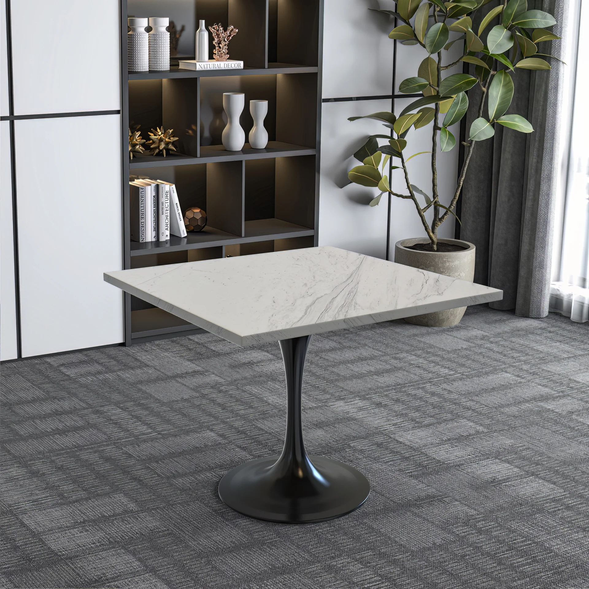 Verve Collection 36 Square Dining Table, Black Base with Laminated White Marbleized Top