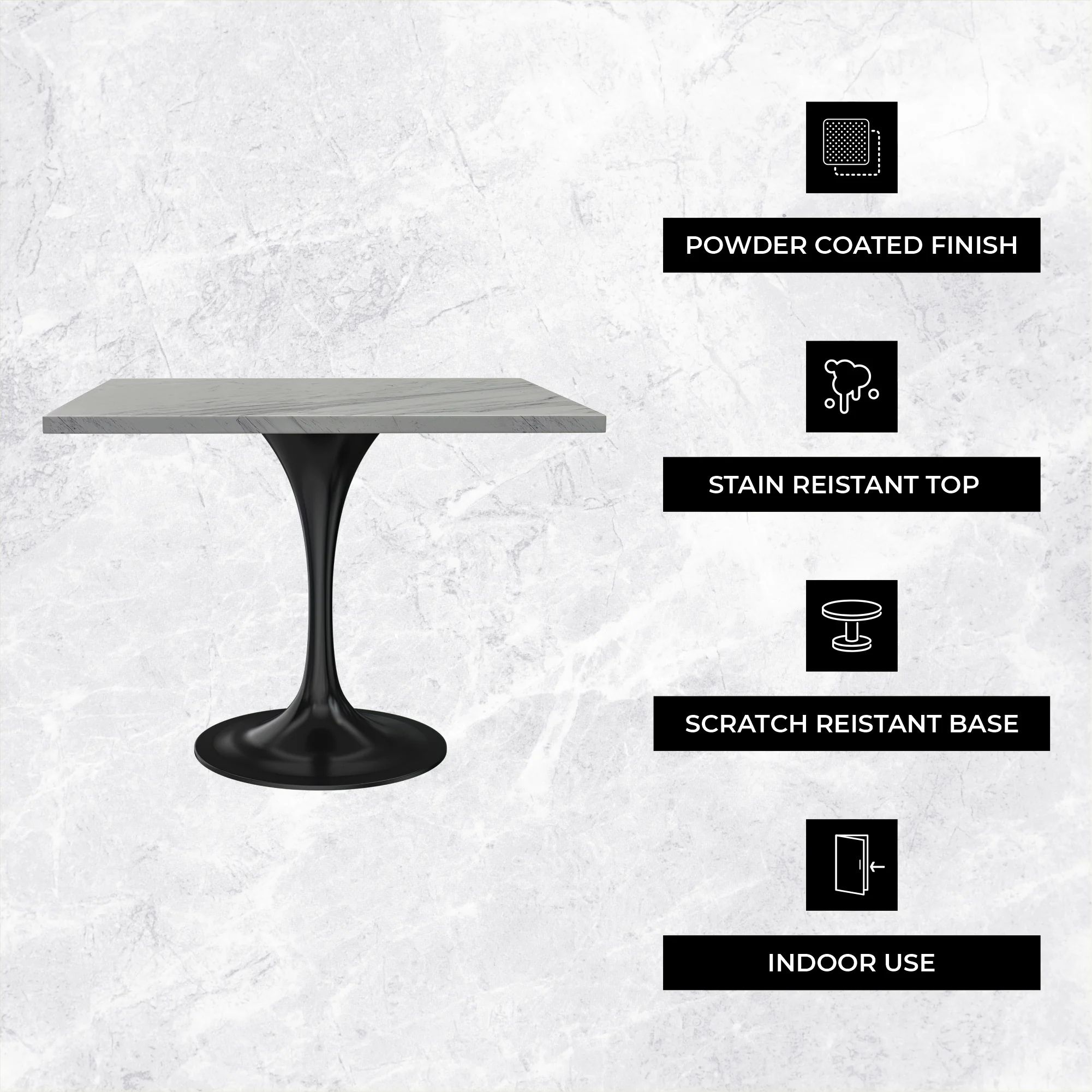 Verve Collection 36 Square Dining Table, Black Base with Laminated White Marbleized Top