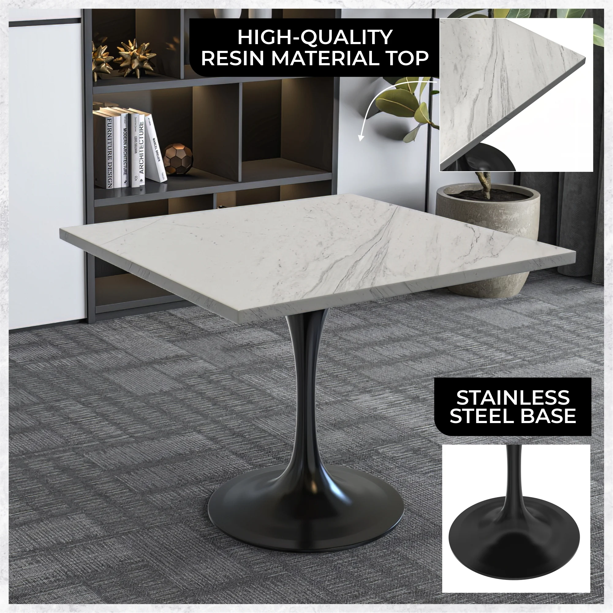 Verve Collection 36 Square Dining Table, Black Base with Laminated White Marbleized Top