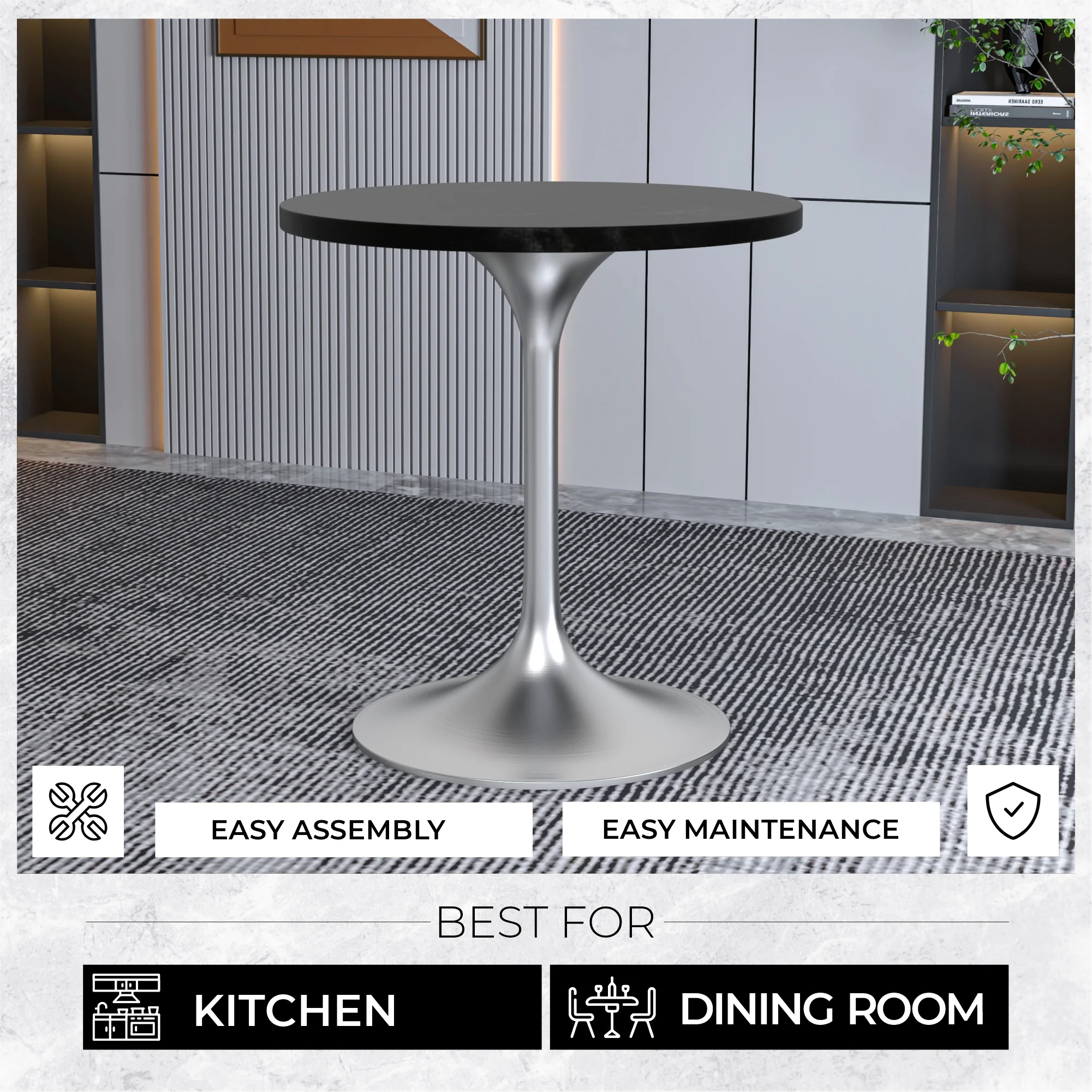 Verve Collection 27" Round Dining Table, Brushed Chrome Base with Black MDF Top