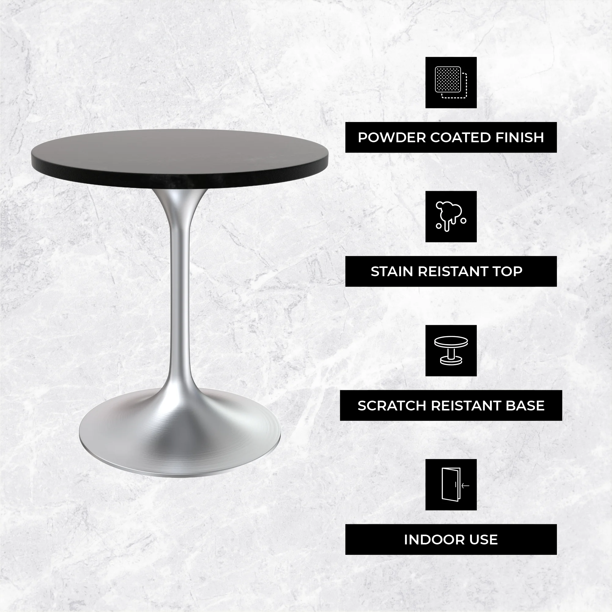 Verve Collection 27" Round Dining Table, Brushed Chrome Base with Black MDF Top