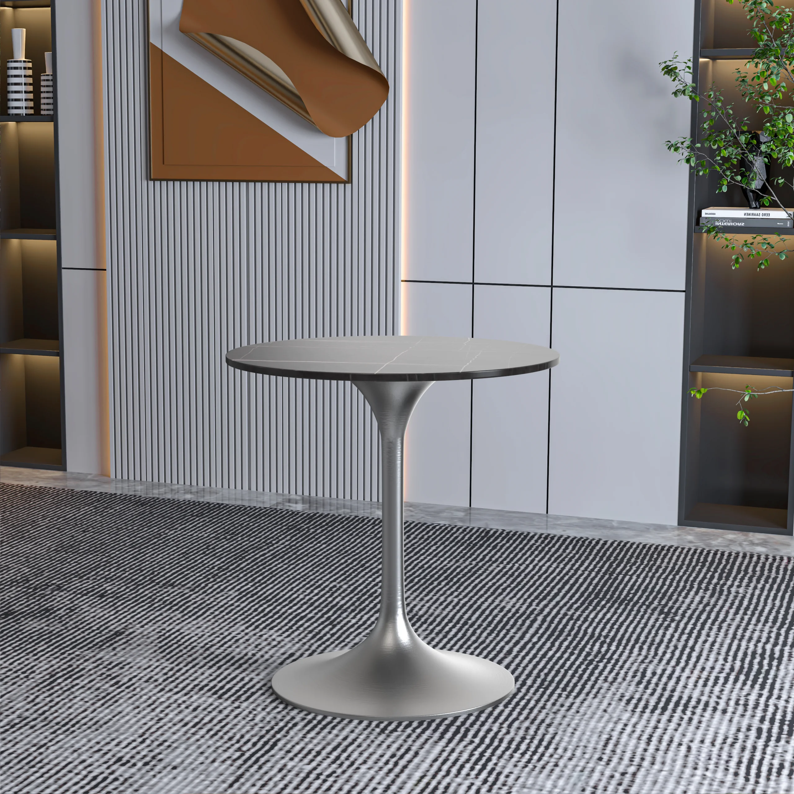 Verve Collection 27 Round Dining Table, Brushed Chrome Base with Sintered Stone Black Top