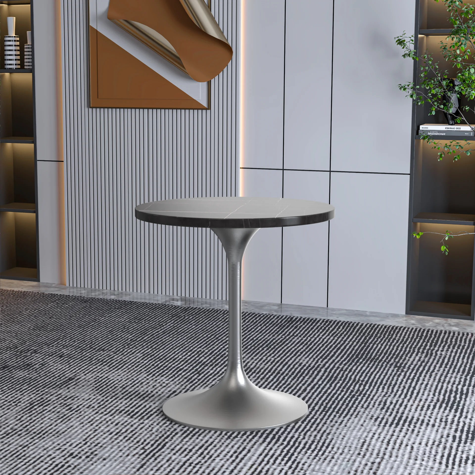 Verve Collection 27 Round Dining Table, Brushed Chrome Base with Sintered Stone Black Top