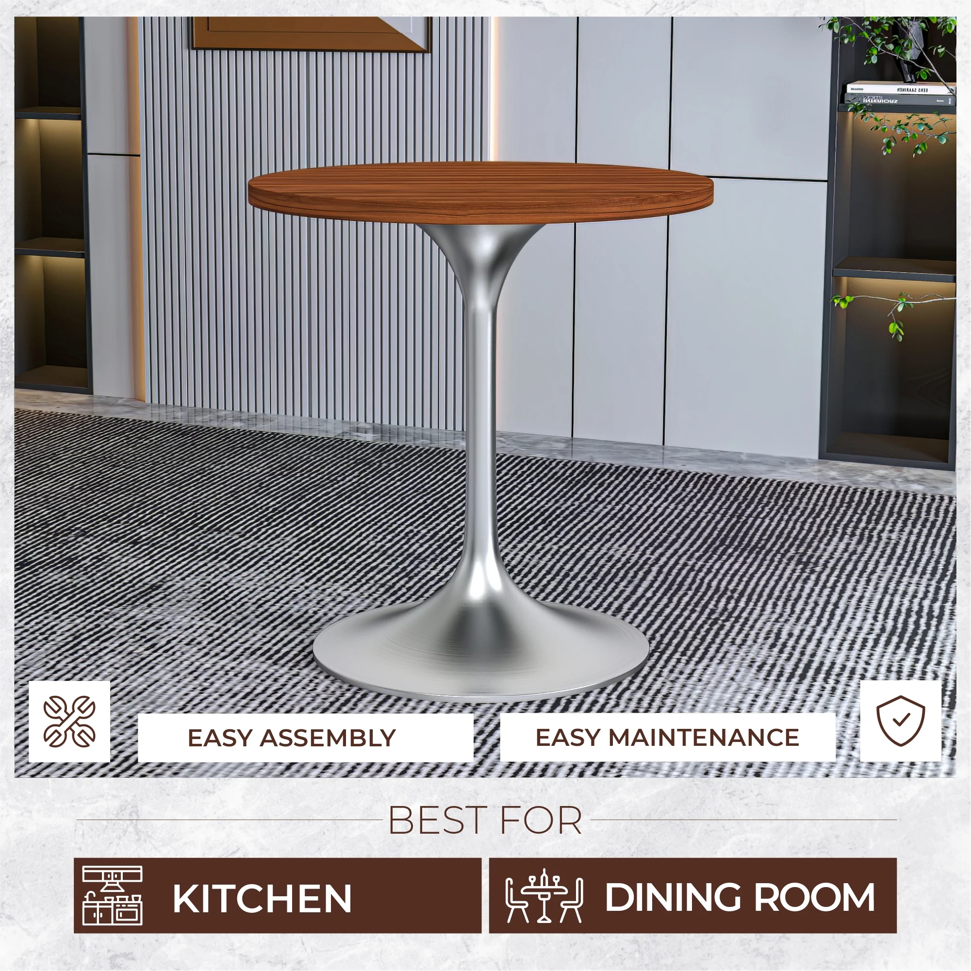 Verve Collection 27" Round Dining Table, Brushed Chrome Base with Cognac Brown MDF Top