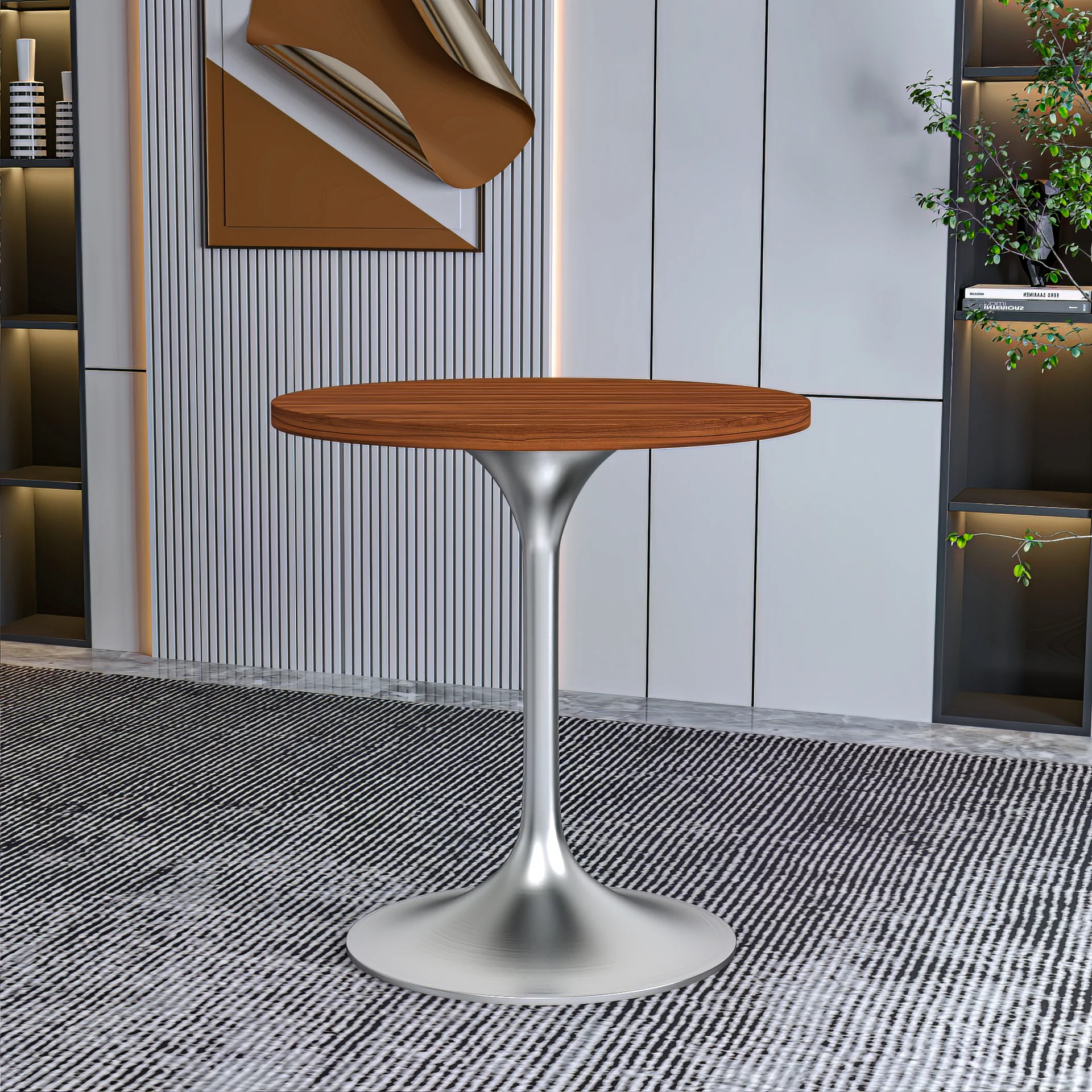 Verve Collection 27" Round Dining Table, Brushed Chrome Base with Cognac Brown MDF Top