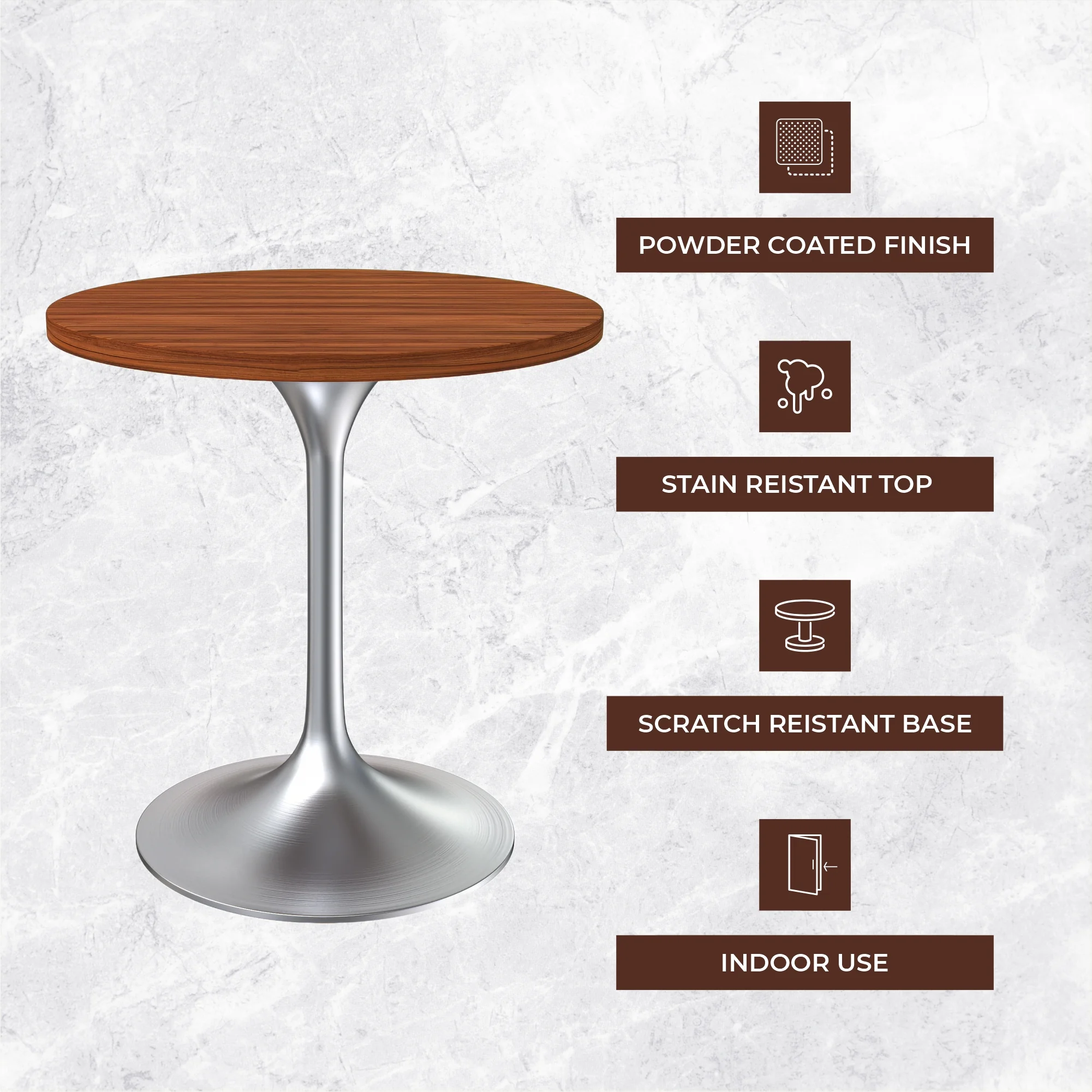 Verve Collection 27" Round Dining Table, Brushed Chrome Base with Cognac Brown MDF Top