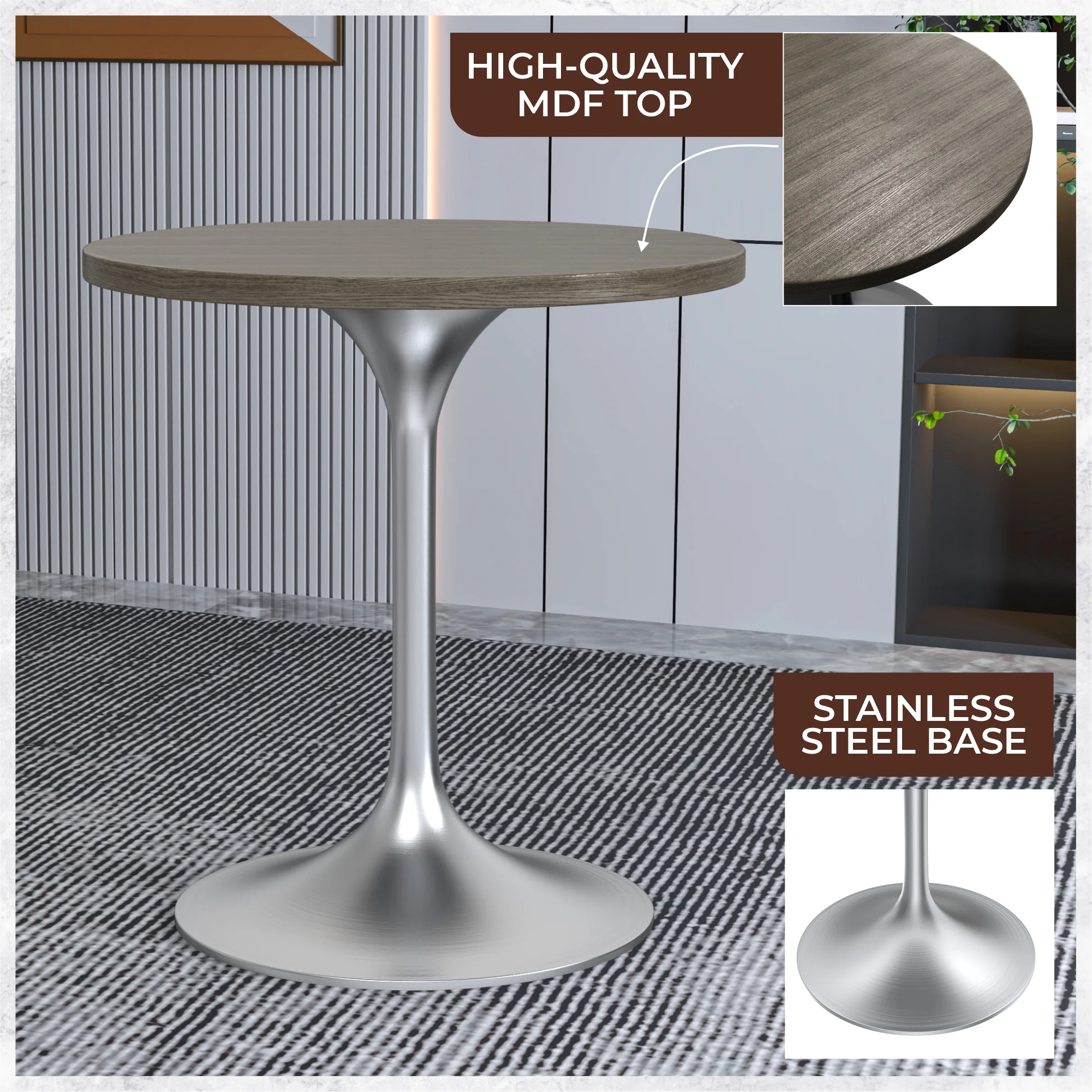 Verve Collection 27" Round Dining Table, Brushed Chrome Base with Dark Maple MDF Top