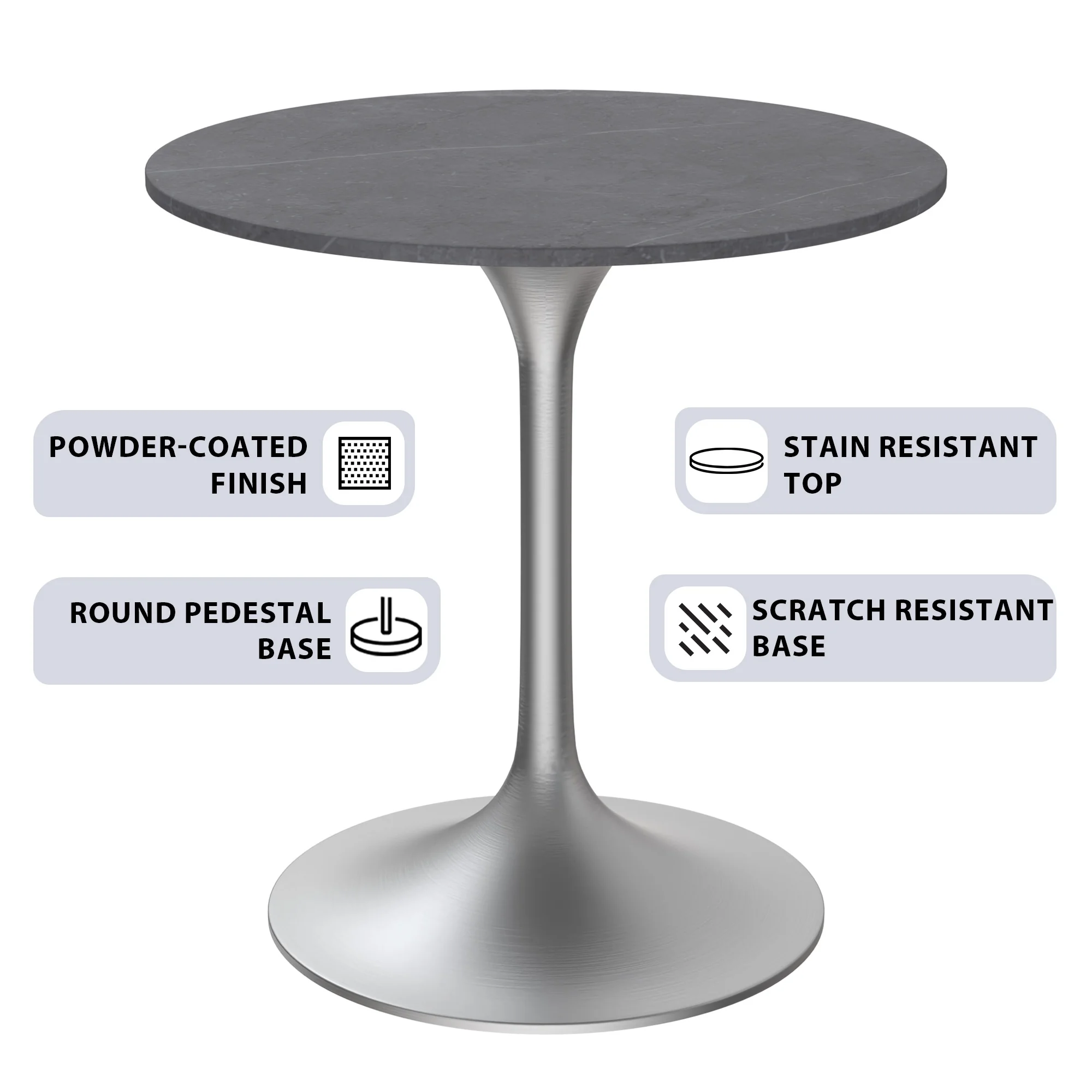 Verve Collection 27 Round Dining Table, Brushed Chrome Base with Sintered Stone Grey Top