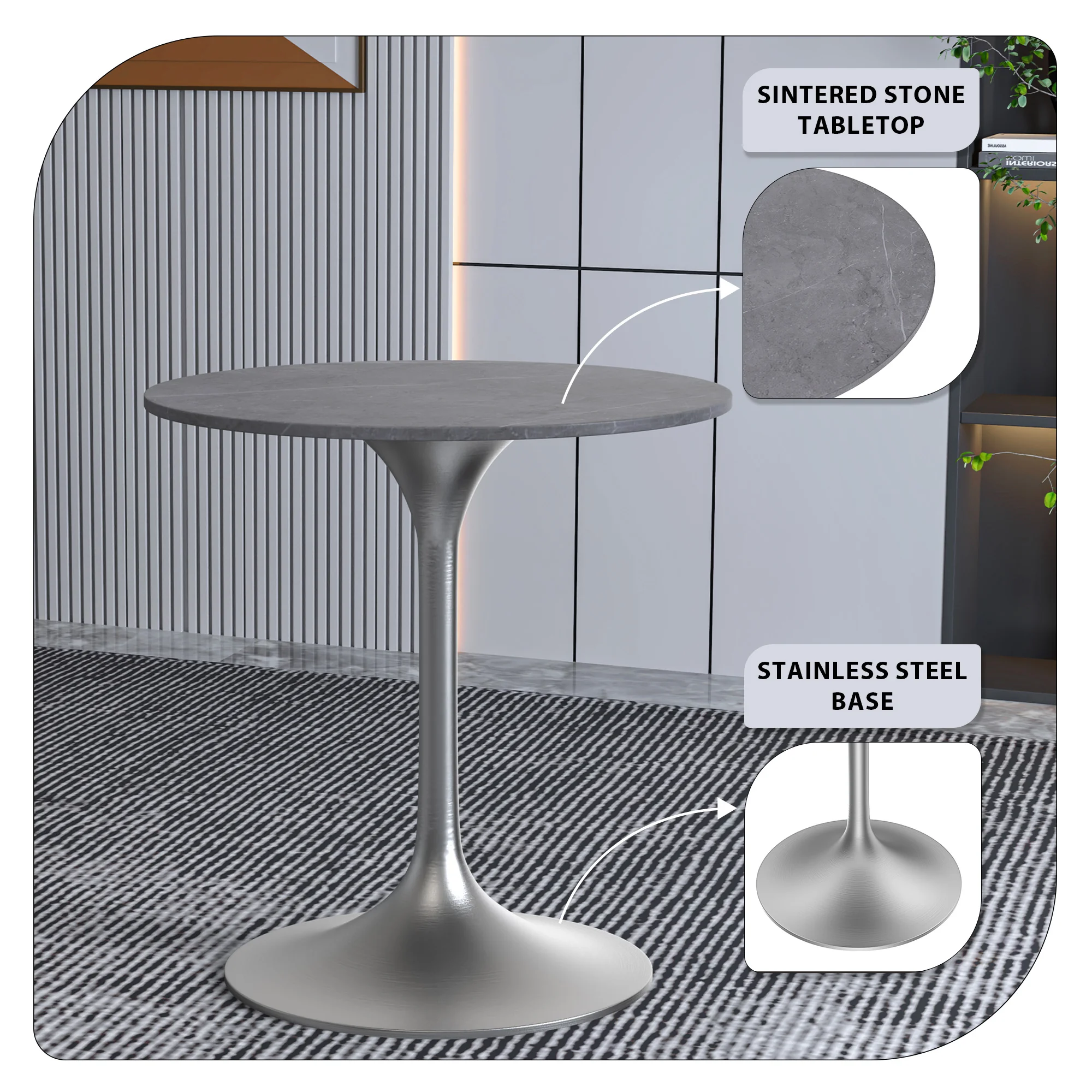 Verve Collection 27 Round Dining Table, Brushed Chrome Base with Sintered Stone Grey Top