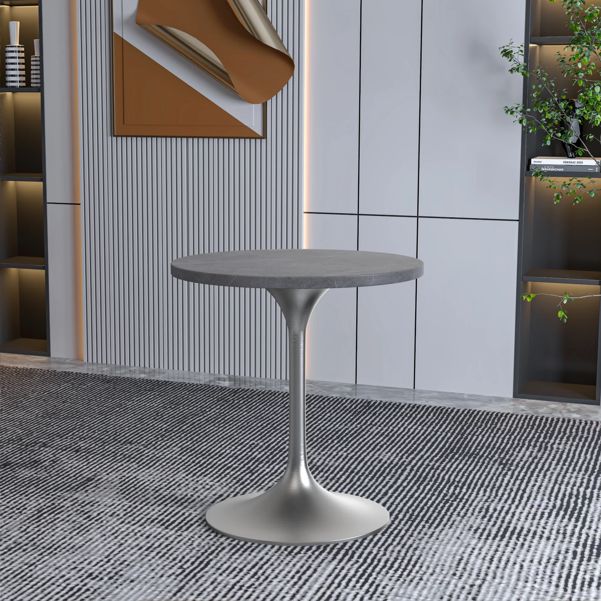 Verve Collection 27 Round Dining Table, Brushed Chrome Base with Sintered Stone Grey Top
