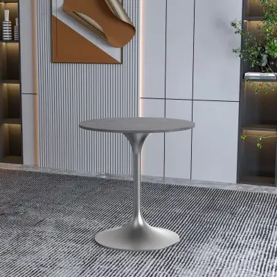 Verve Collection 27 Round Dining Table, Brushed Chrome Base with Sintered Stone Grey Top
