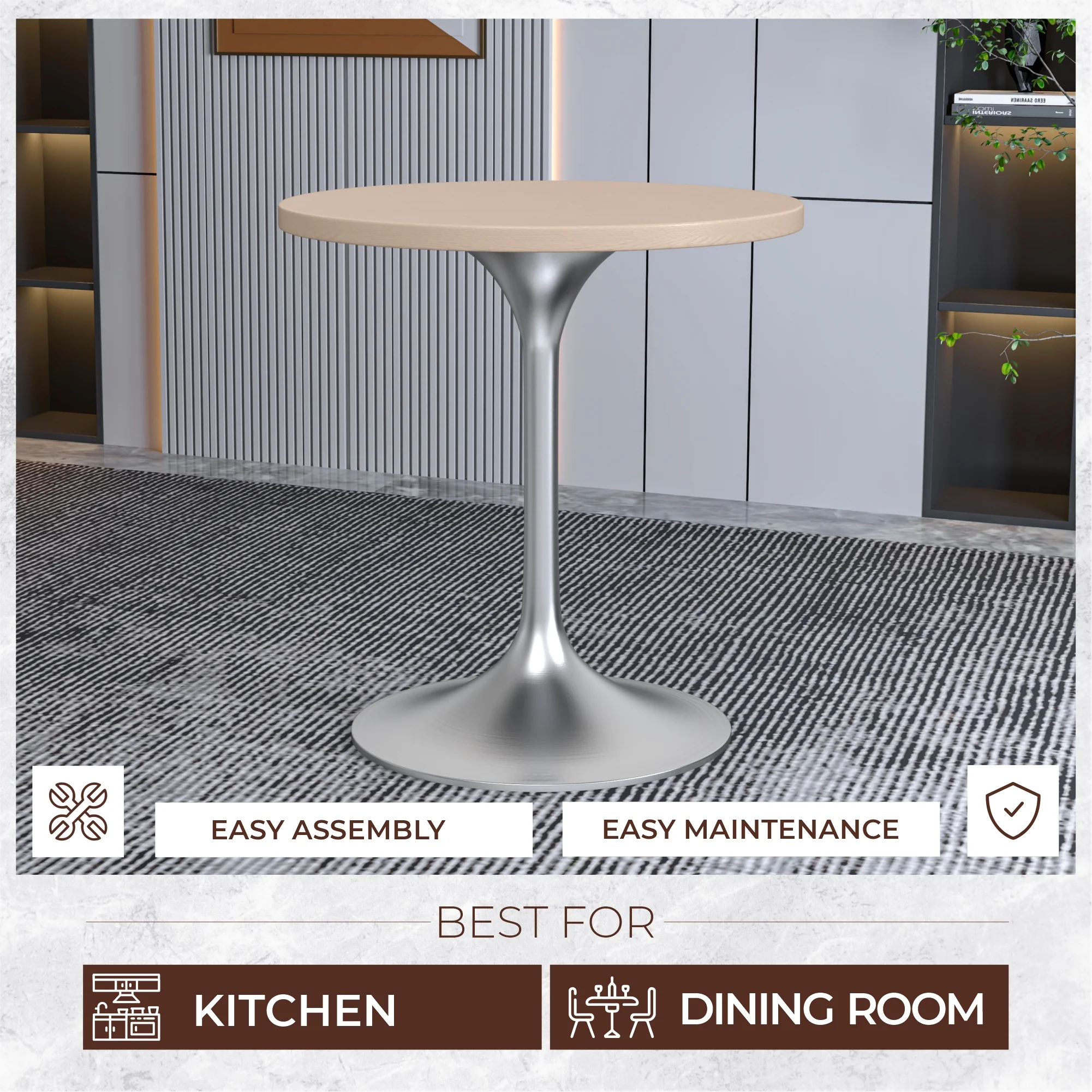 Verve Collection 27" Round Dining Table, Brushed Chrome Base with Light Natural Wood MDF Top