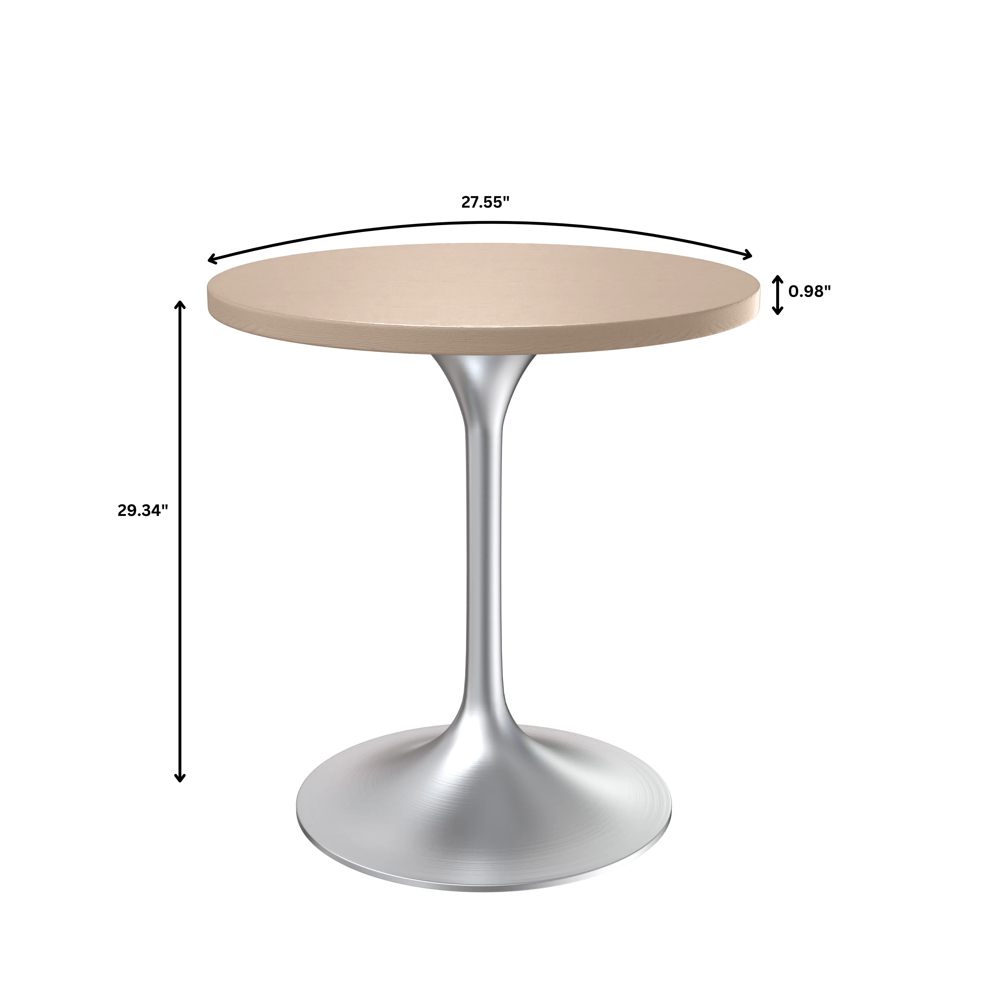 Verve Collection 27" Round Dining Table, Brushed Chrome Base with Light Natural Wood MDF Top