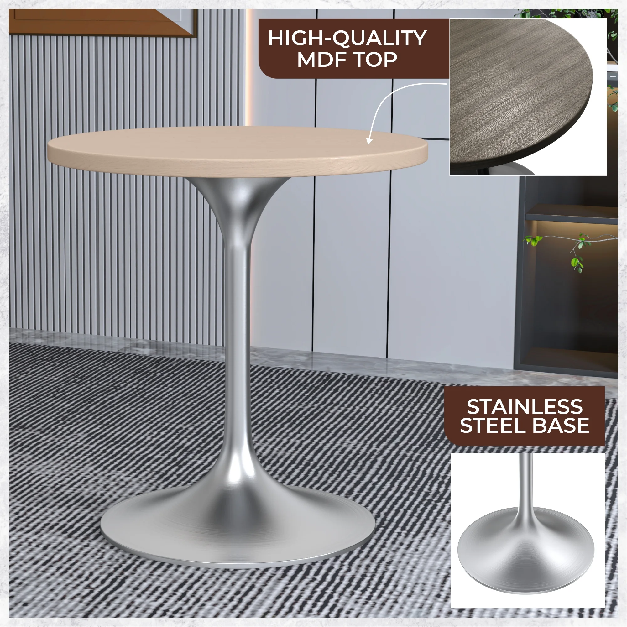 Verve Collection 27" Round Dining Table, Brushed Chrome Base with Light Natural Wood MDF Top