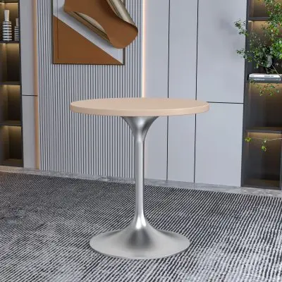 Verve Collection 27" Round Dining Table, Brushed Chrome Base with Light Natural Wood MDF Top