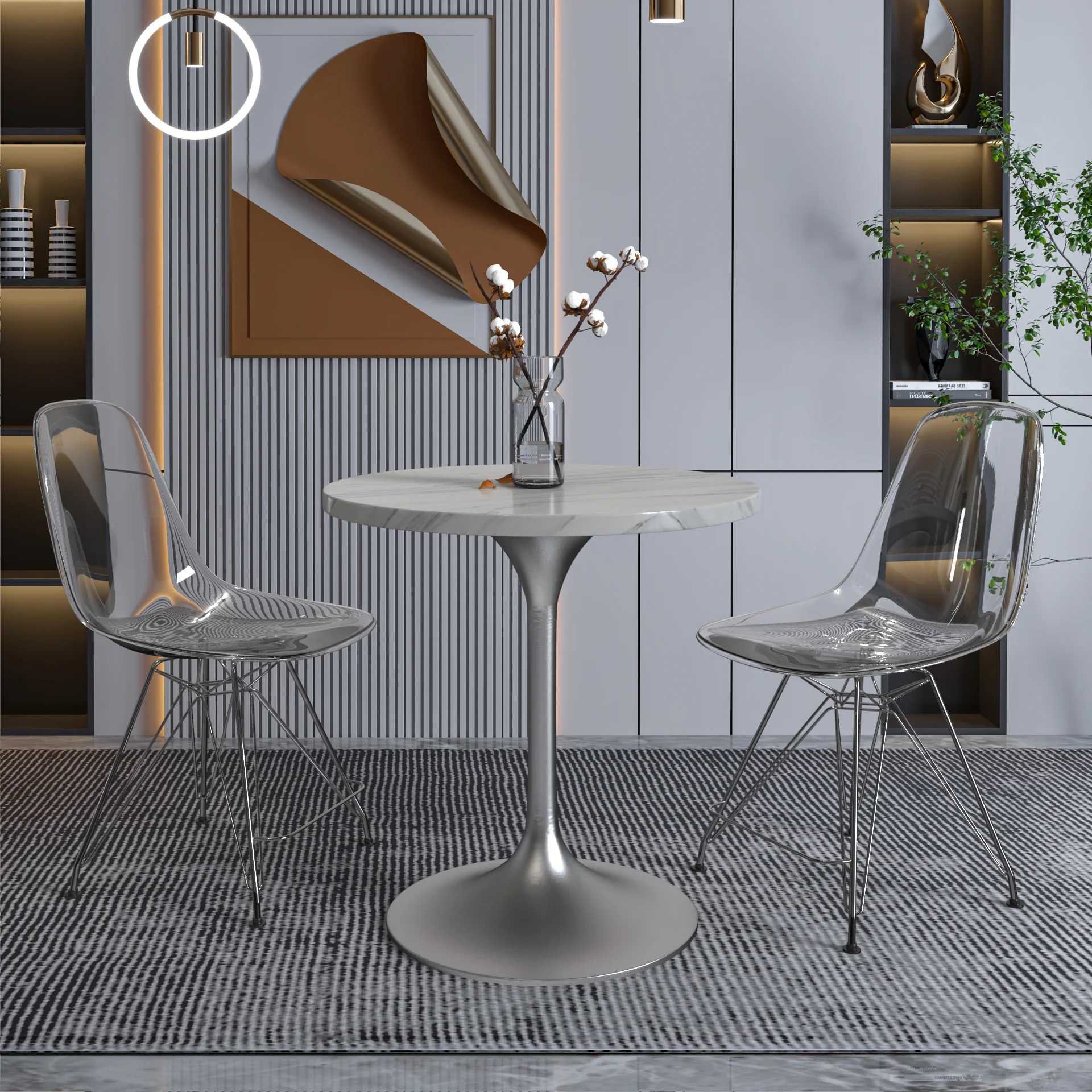 Verve Collection 27 Round Dining Table, Brushed Chrome Base with Sintered Stone White Top