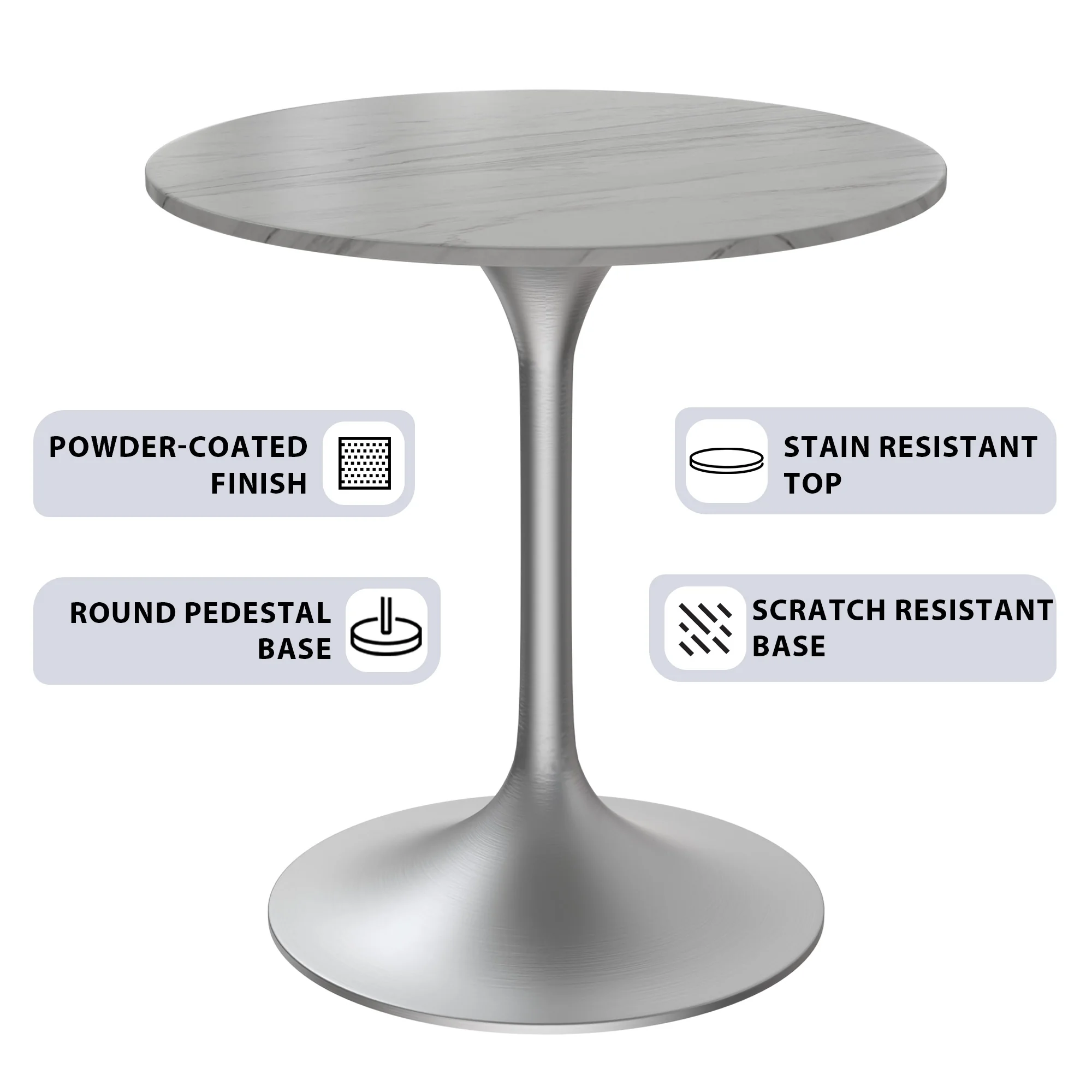 Verve Collection 27 Round Dining Table, Brushed Chrome Base with Sintered Stone White Top