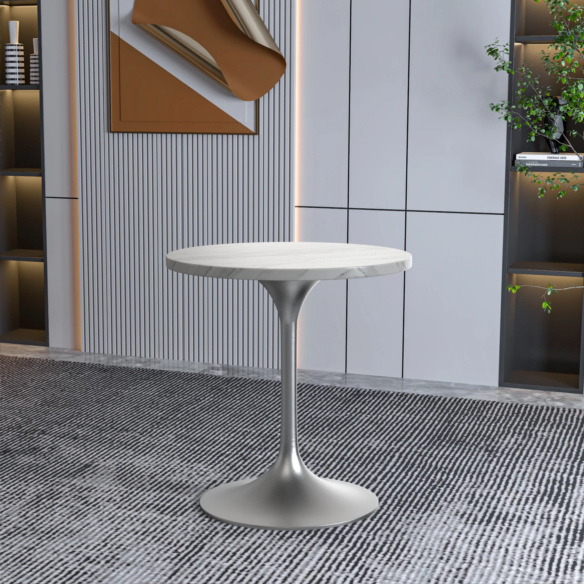 Verve Collection 27 Round Dining Table, Brushed Chrome Base with Sintered Stone White Top
