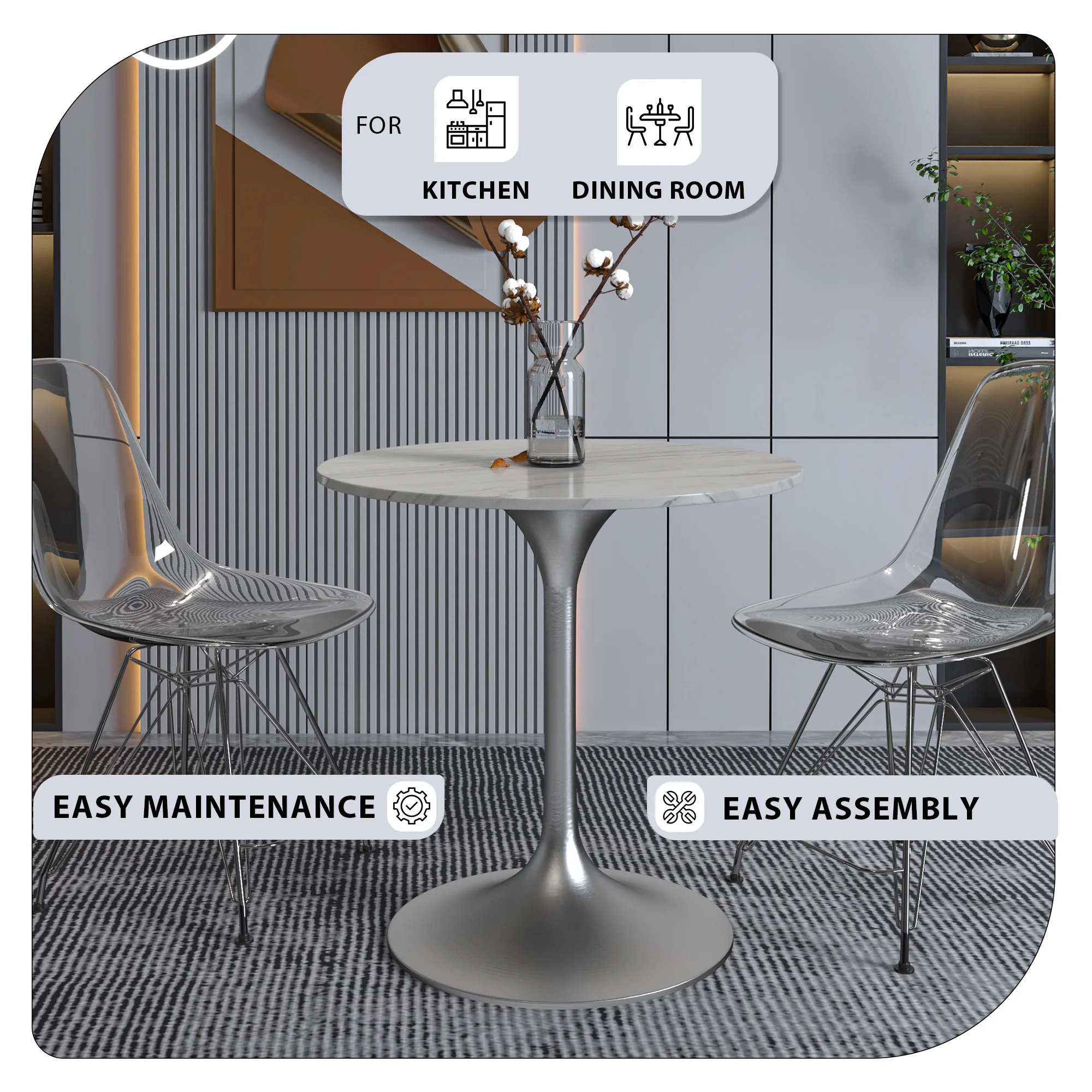 Verve Collection 27 Round Dining Table, Brushed Chrome Base with Sintered Stone White Top