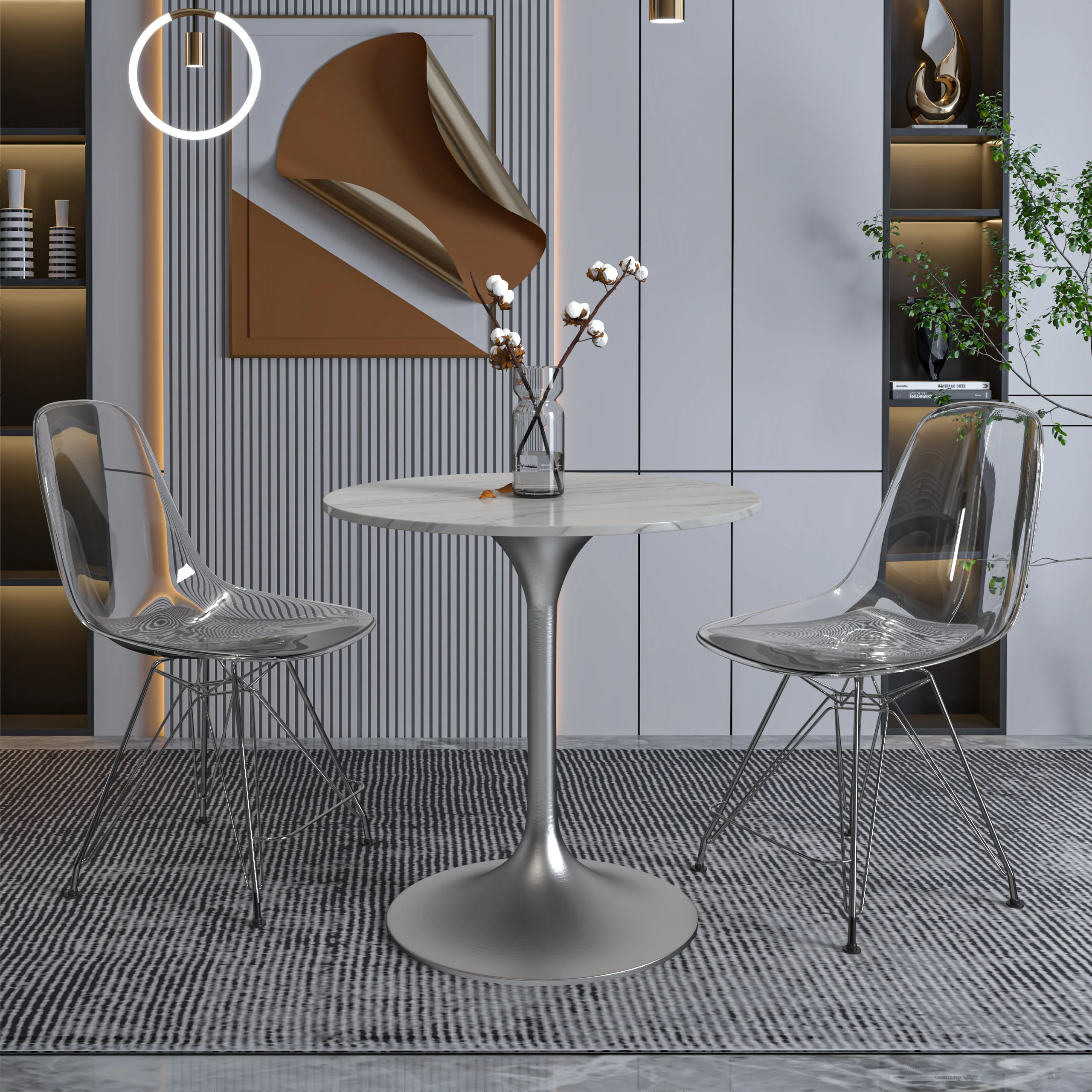 Verve Collection 27 Round Dining Table, Brushed Chrome Base with Sintered Stone White Top