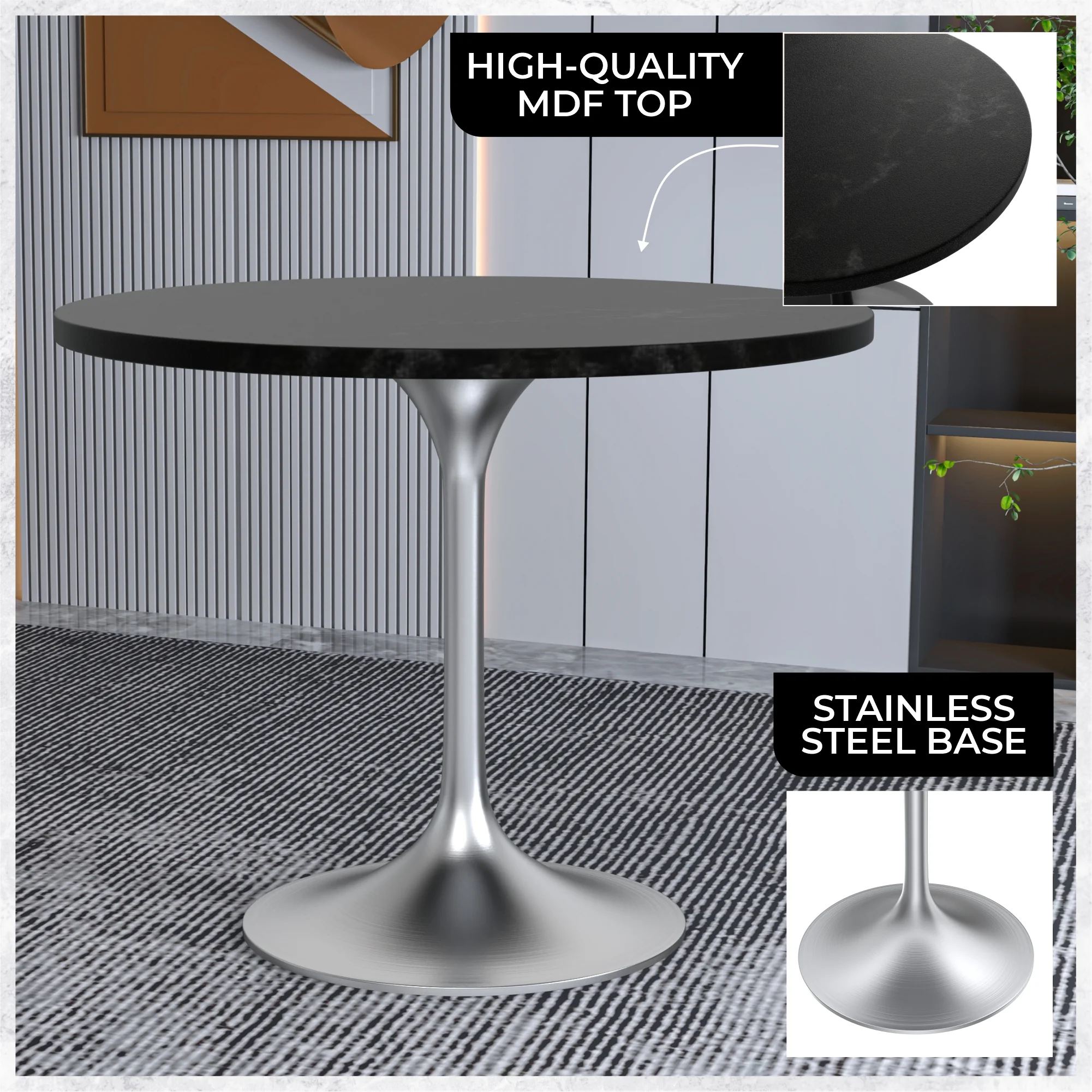 Verve Collection 36" Round Dining Table, Brushed Chrome Base with Black MDF Top