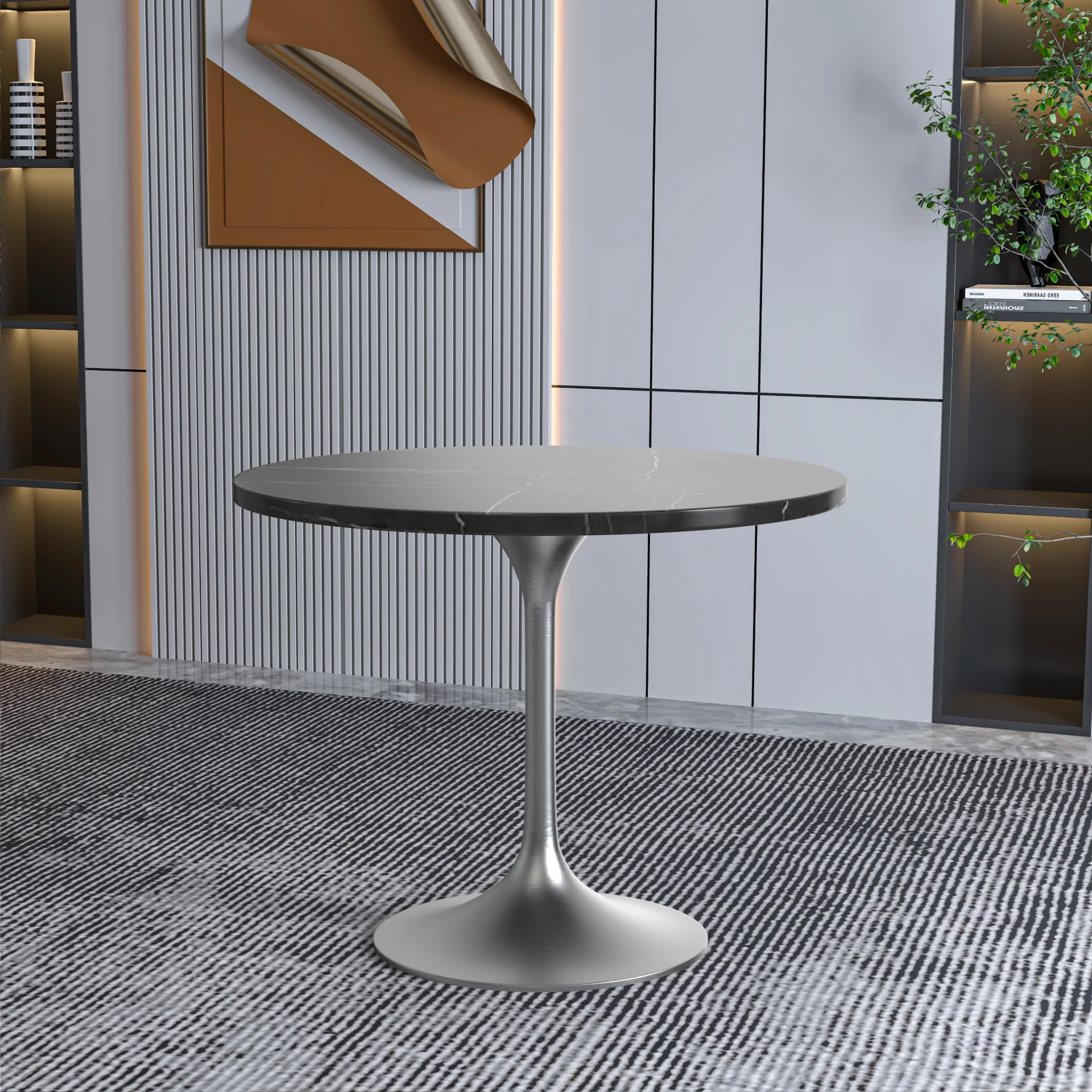 Verve Collection 36" Round Dining Table, Brushed Chrome Base with Sintered Stone Black Top