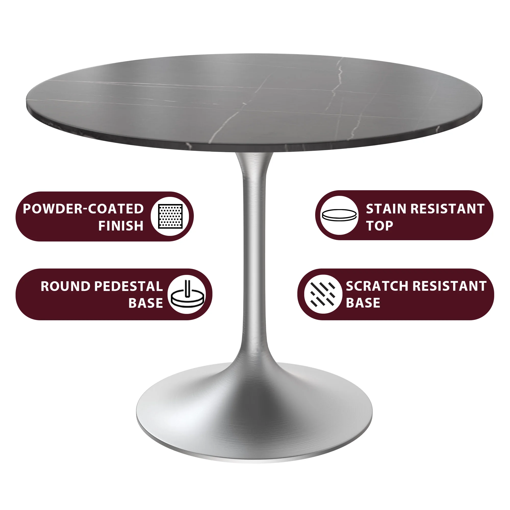 Verve Collection 36" Round Dining Table, Brushed Chrome Base with Sintered Stone Black Top