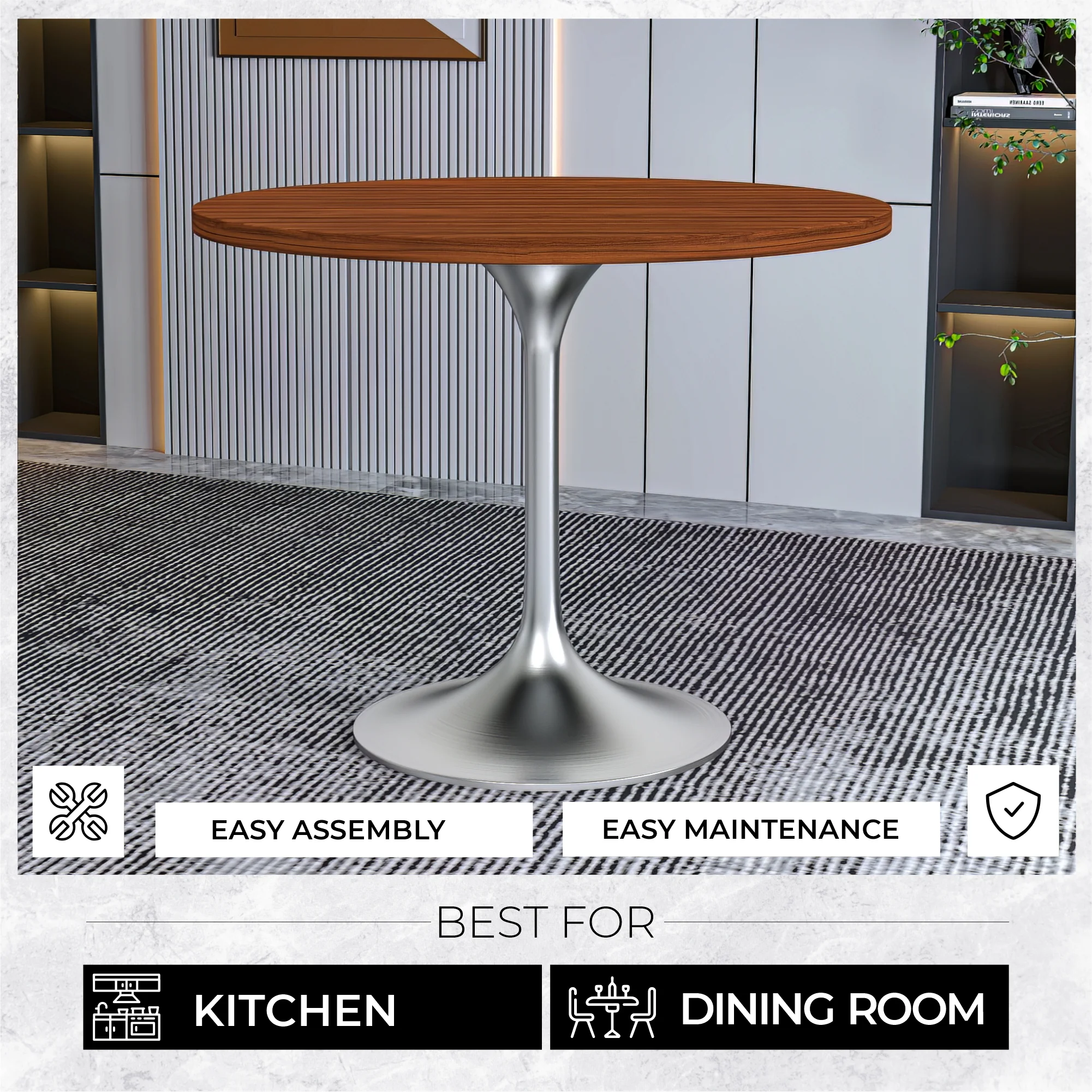 Verve Collection 36" Round Dining Table, Brushed Chrome Base with Cognac Brown MDF Top