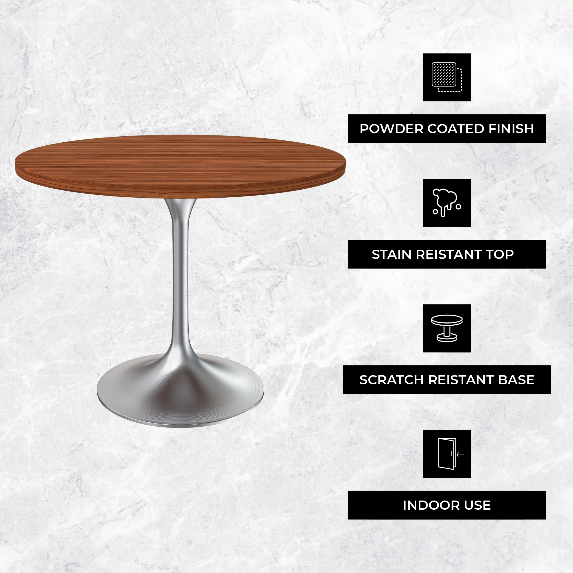 Verve Collection 36" Round Dining Table, Brushed Chrome Base with Cognac Brown MDF Top